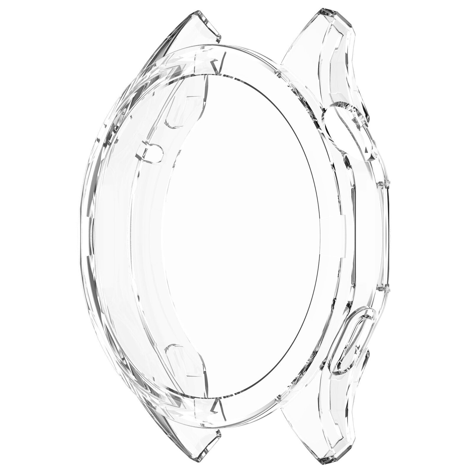 Ein klarer, transparenter Uhrenkoffer. Der Koffer besteht aus Kunststoff und hat ein kreisförmiges Design. Er ist auf weißem Hintergrund isoliert.
