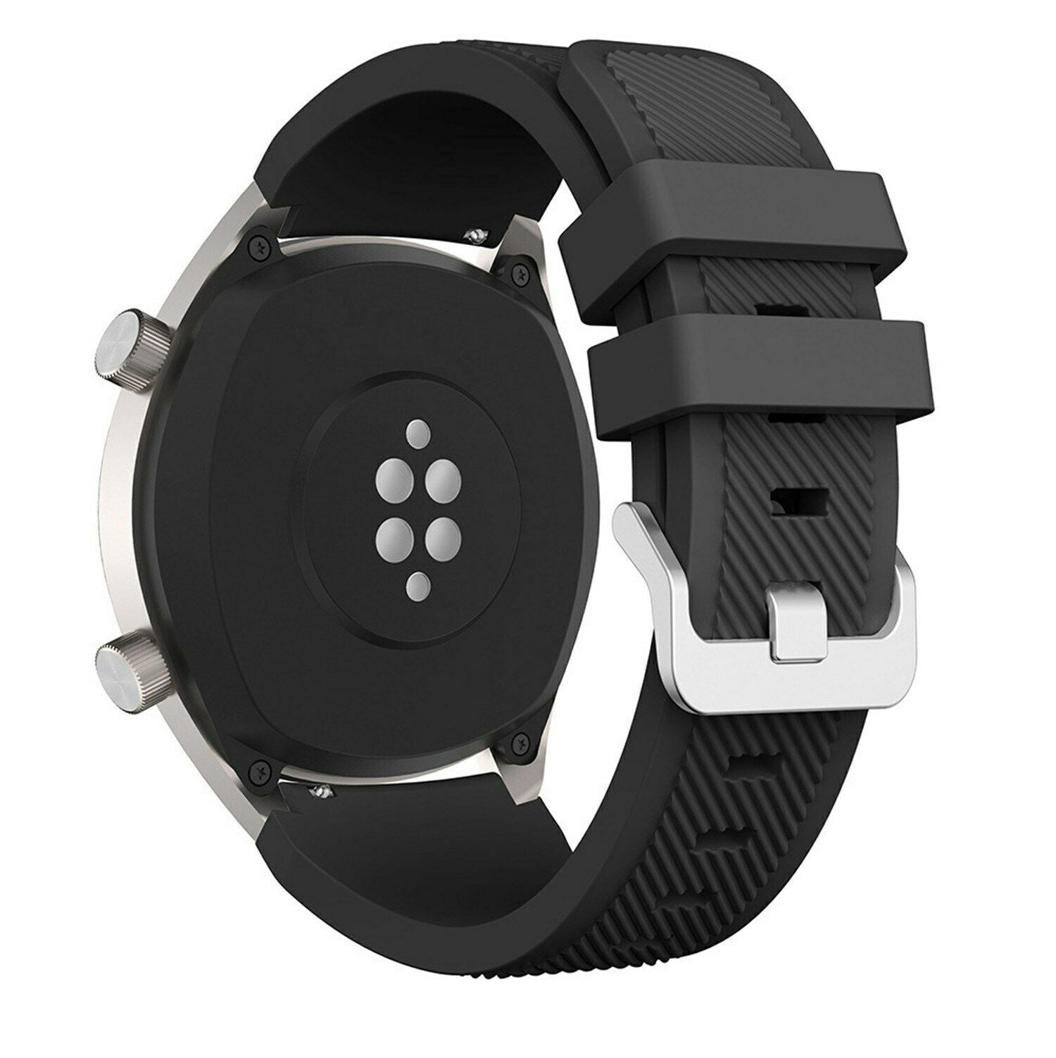 Schwarze Smartwatch mit schwarzem Armband. Die Uhr hat eine silberne Lünette und zwei silberne Knöpfe. Die Rückseite hat einen Herzfrequenzsensor.