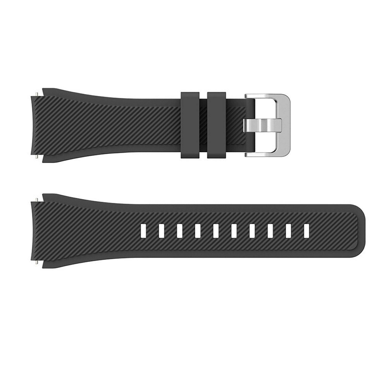 Schwarzes Smartwatch-Armband. Der obere Teil hat eine Schnalle und zwei Schlaufen. Der untere Teil hat kleine Löcher zur Anpassung. Beide sind strukturiert.