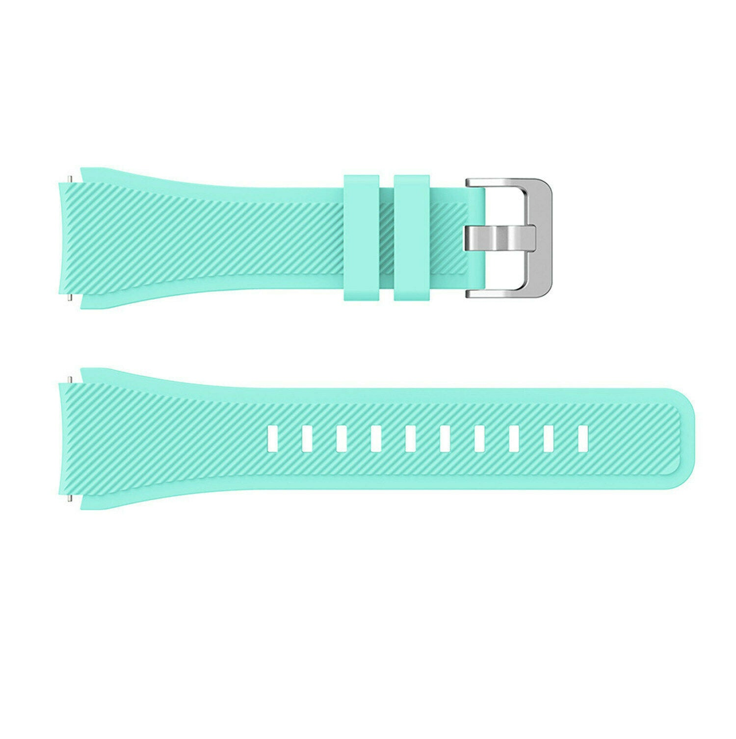 Zwei Teile eines hellgrünen Uhrenarmbands mit silberner Schnalle. Ein Teil hat Löcher, das andere einen Stift.