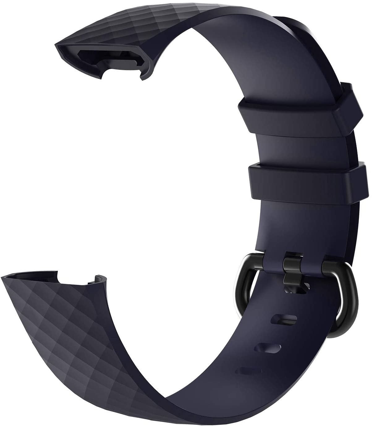 Ein dunkelblaues Uhrenarmband mit schwarzer Schnalle. Das Armband hat ein strukturiertes Design an den Enden.