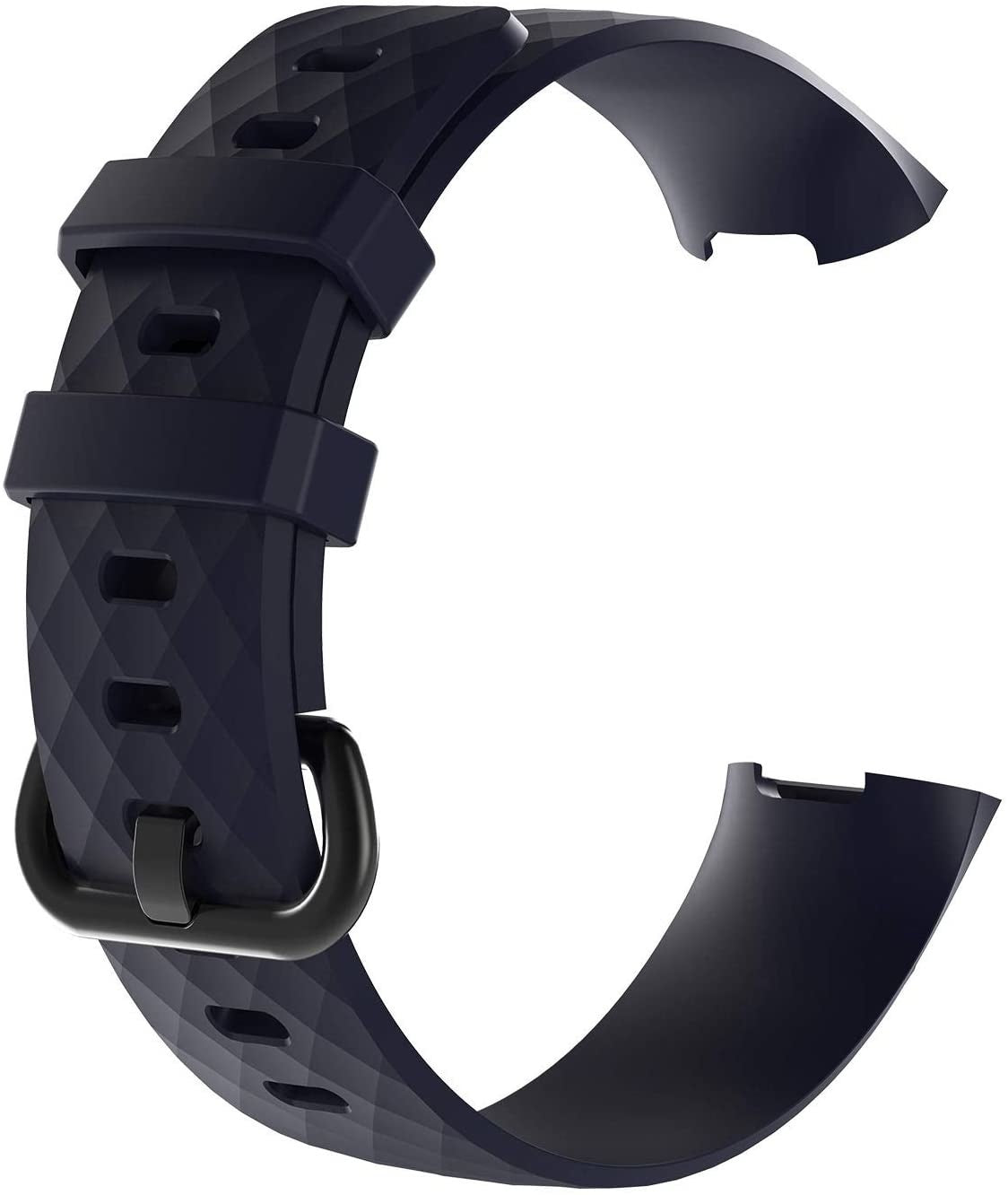 Ein dunkelblaues Smartwatch-Armband mit Schnalle und Rautenmuster. Das Armband ist gebogen, ein Ende ist abgetrennt.