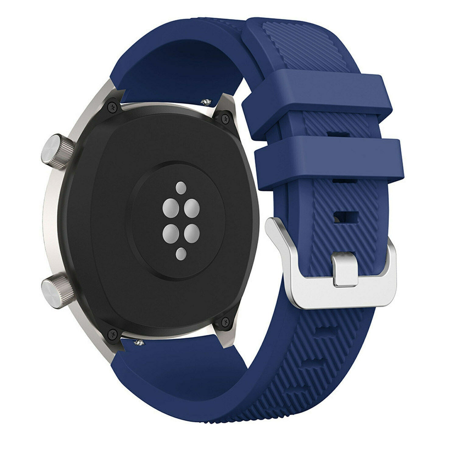 Eine blaue Smartwatch mit schwarzer Rückseite und blauem Armband. Das Armband hat eine silberne Schnalle. Die Uhr hat silberne Knöpfe.