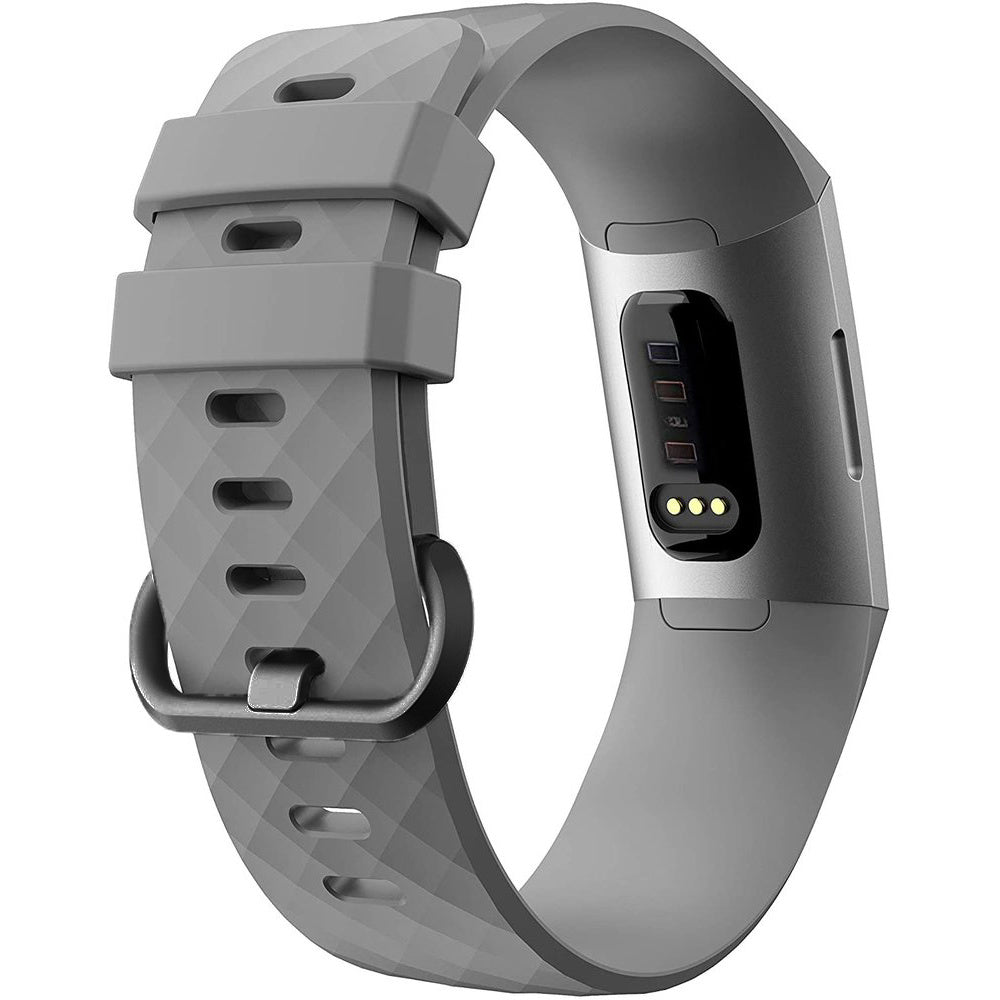 Graue Smartwatch mit Schnalle. Das Armband ist mit einem silbernen Bildschirm verbunden, der Informationen anzeigt.