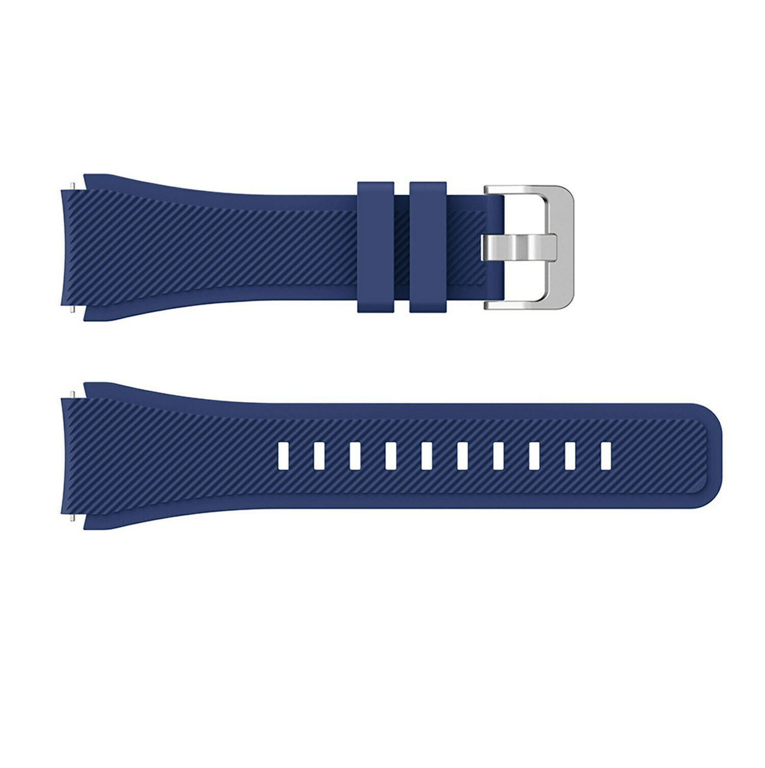 Ein dunkelblaues Uhrenarmband mit silberner Schnalle. Ein Teil hat Löcher. Beide Teile befinden sich auf weißem Hintergrund.