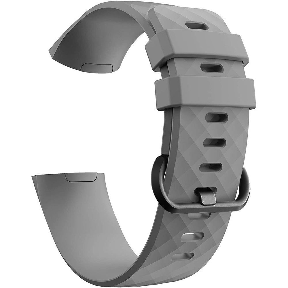 Ein graues Uhrenarmband mit Rautenmuster. Es hat eine Schnalle und Löcher zur Anpassung. Das Armband ist 'C'-förmig gebogen.