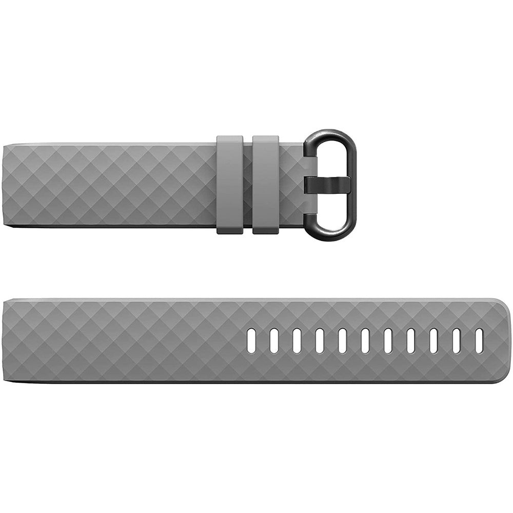 Graues Uhrenarmband, zweiteilig. Der obere Teil hat eine Schnalle, der untere Teil mehrere Löcher. Beide Teile sind mit kleinen Rauten strukturiert.