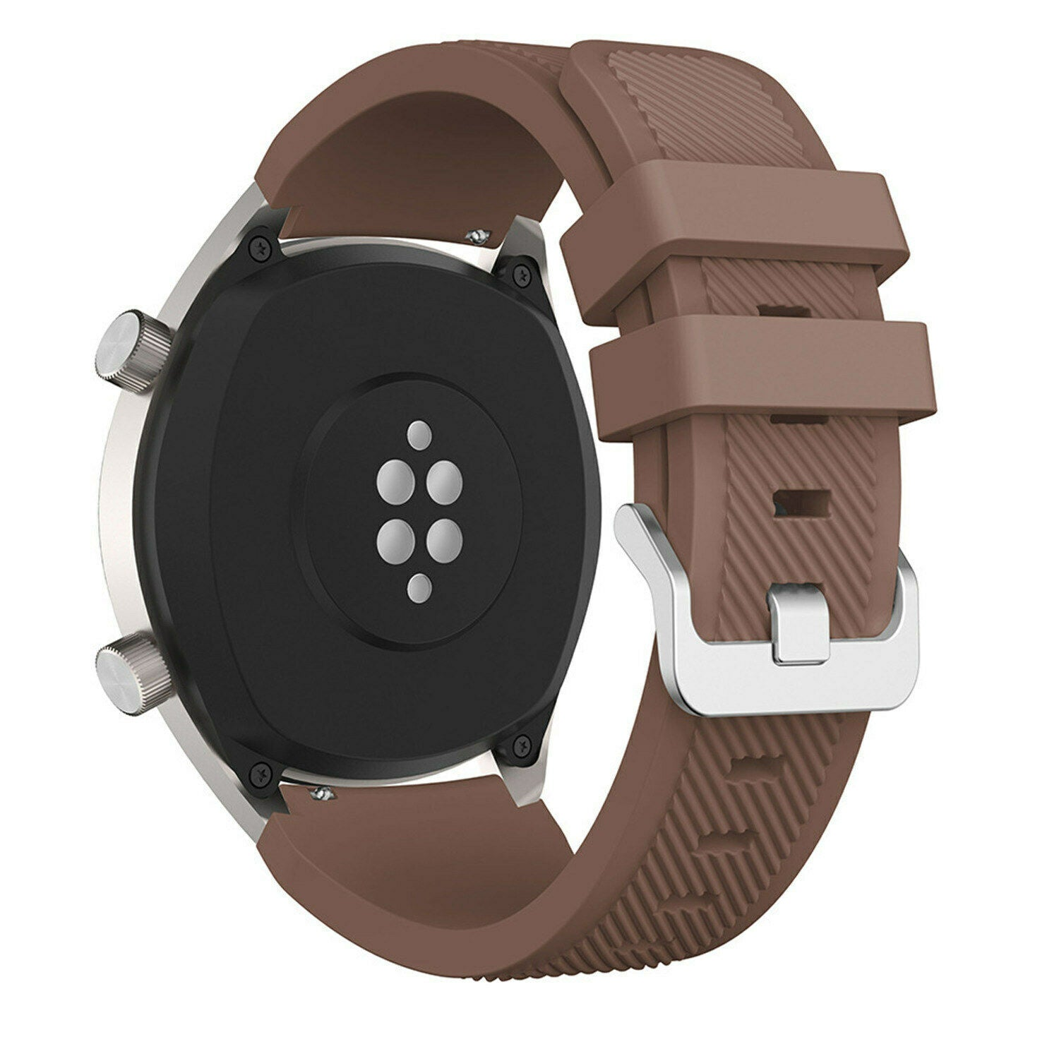 Eine braune Smartwatch mit schwarzer Rückseite, braunem Armband und silberner Schnalle. Die Rückseite hat Sensoren. Das Armband ist befestigt.