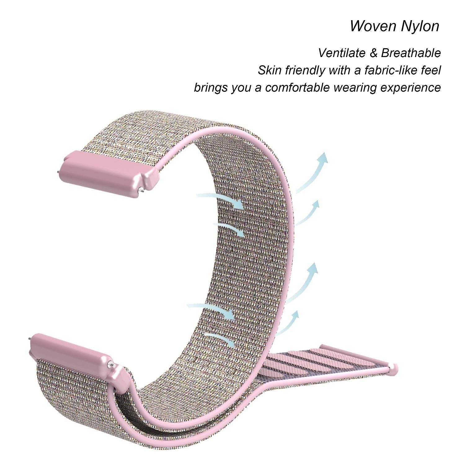Ein gewebtes Nylon-Uhrenarmband in Form einer Schleife, mit rosa Kanten. Pfeile weisen auf Atmungsaktivität hin. Text: Gewebtes Nylon, atmungsaktiv, hautfreundlich.
