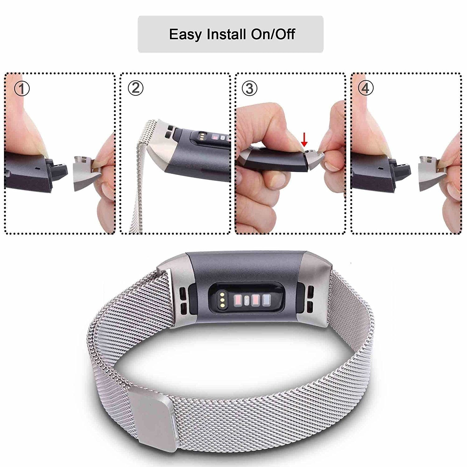 Das Bild zeigt, wie man ein Smartwatch-Armband installiert. Die Schritte 1-4 veranschaulichen den Vorgang. Ein metallisches Armband und die Zifferblatt sind ebenfalls sichtbar.