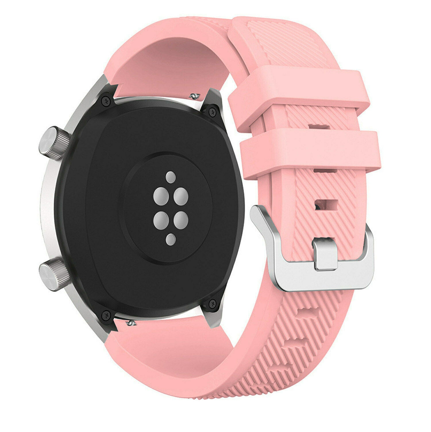 Rosa Smartwatch mit schwarzer Rückseite. Die Uhr hat ein rosa Armband mit silberner Schnalle. Die Rückseite hat Sensoren und zwei silberne Knöpfe.