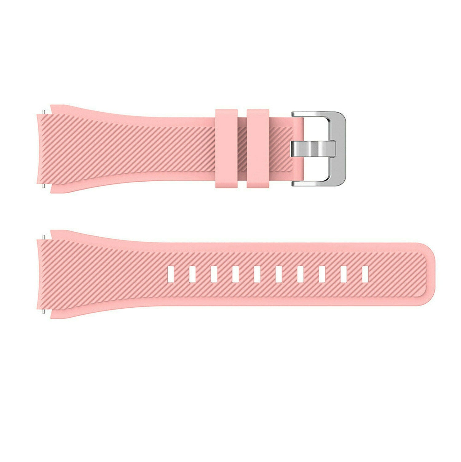 Zwei rosa Uhrenarmbänder mit silberner Schnalle. Das obere Band hat ein Schnallenende und zwei Schlaufen. Das untere Band hat Löcher.