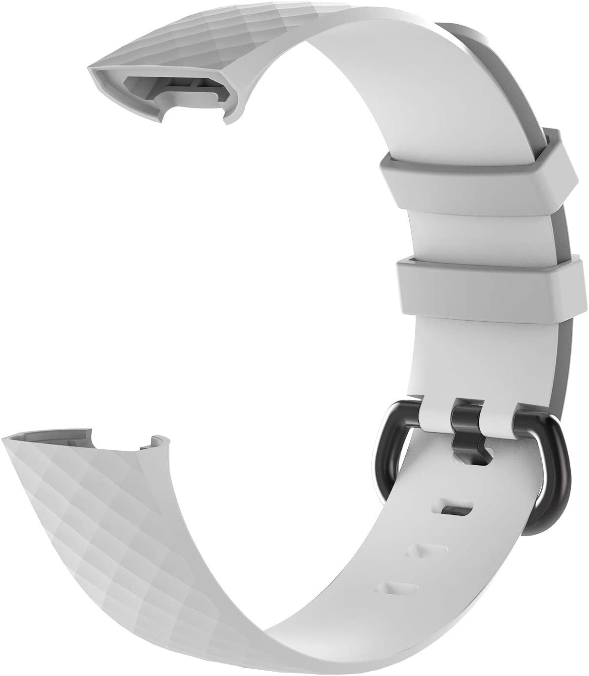 Weißes Uhrenarmband mit schwarzer Schnalle. Das Armband ist gebogen und zeigt an einem Ende ein strukturiertes Muster und Löcher zur Anpassung.