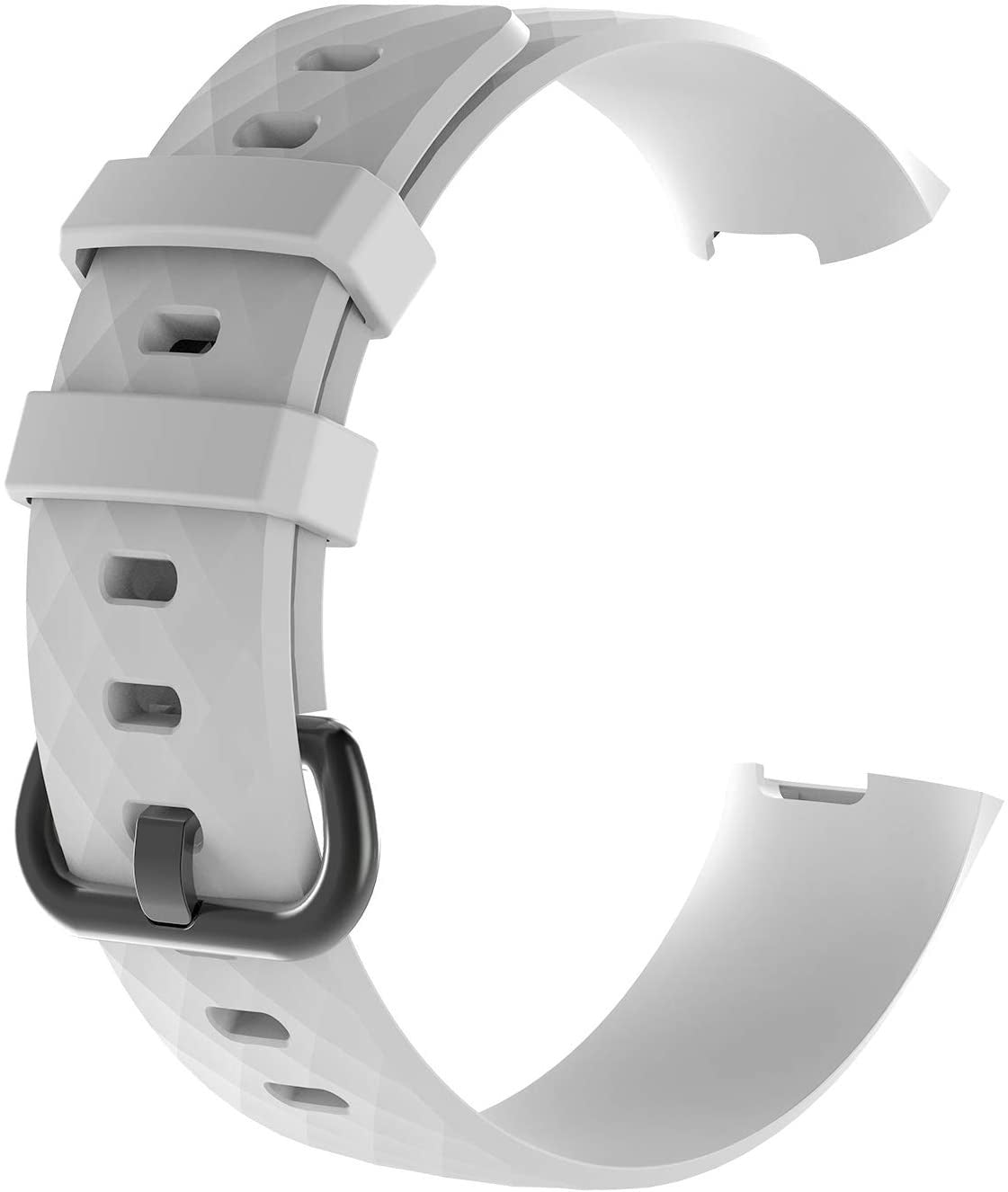 Ein weißes Uhrenarmband mit schwarzer Schnalle. Es hat ein geometrisches Design. Das Armband ist gebogen, ein Teil ist abgetrennt.