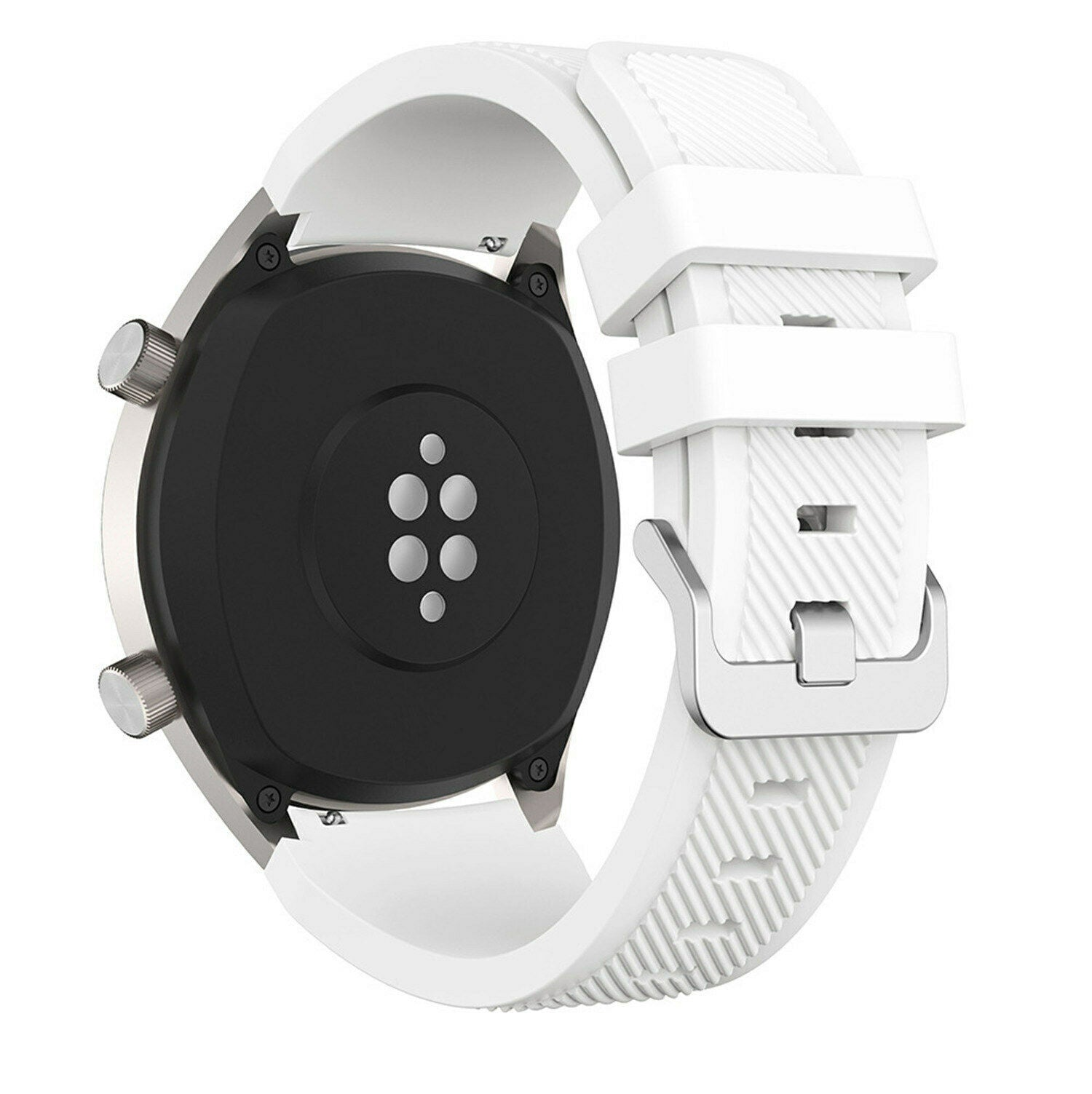 Weiße Smartwatch mit schwarzer Rückseite. Die Uhr hat ein weißes Armband mit silberner Schnalle. Die Rückseite hat Sensoren.
