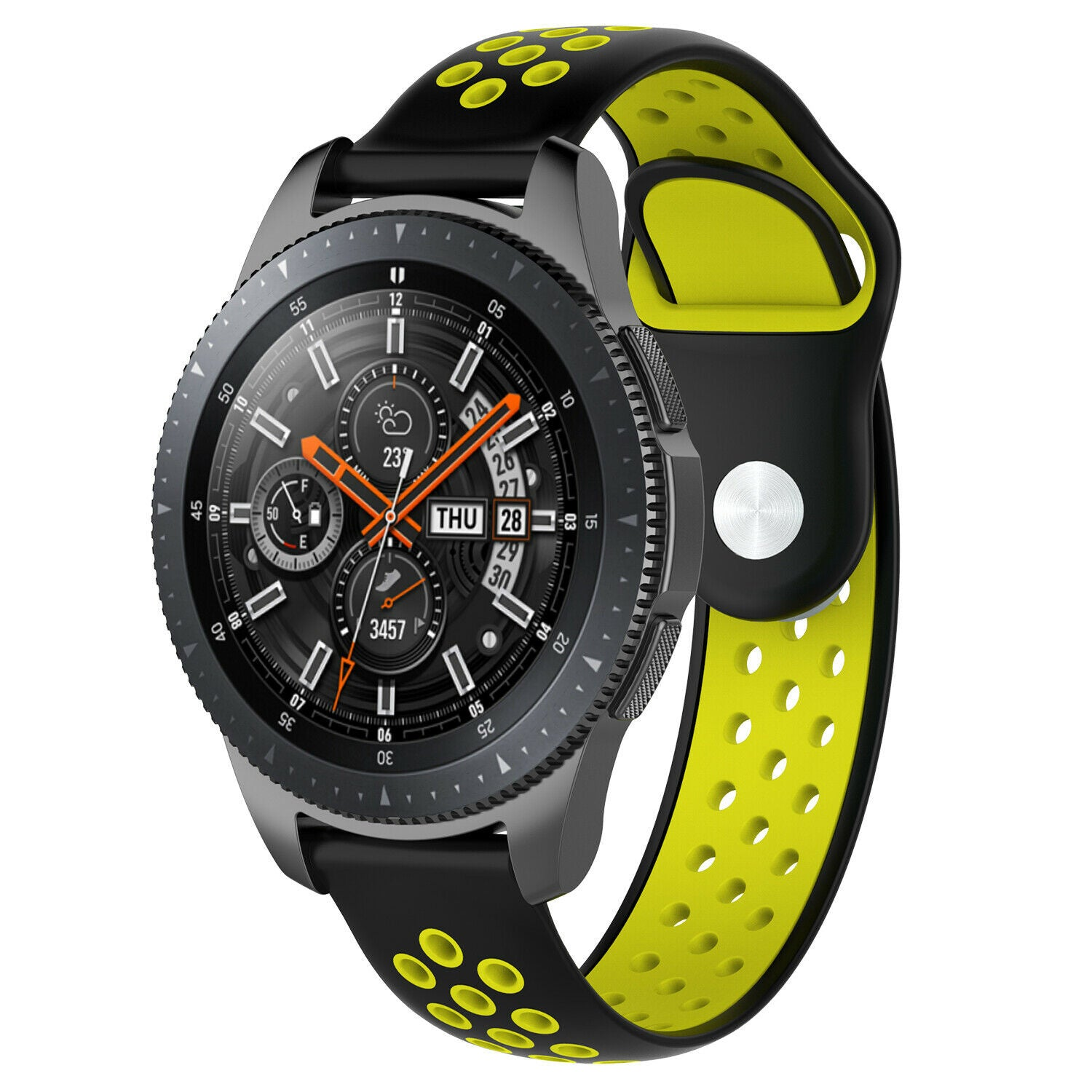 Eine Smartwatch mit schwarzem und gelbem Armband. Das Zifferblatt zeigt Uhrzeit und Datum an. Die Uhr ist auf weißem Grund isoliert.
