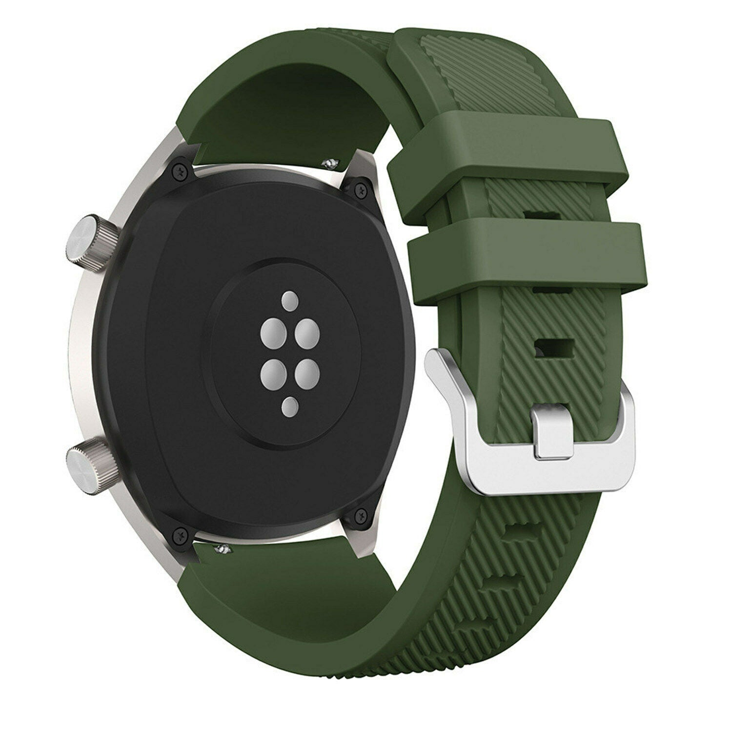 Grüne Smartwatch mit schwarzer Rückseite, die Sensoren zeigt. Das Armband ist ebenfalls grün, mit einer Metallschnalle.