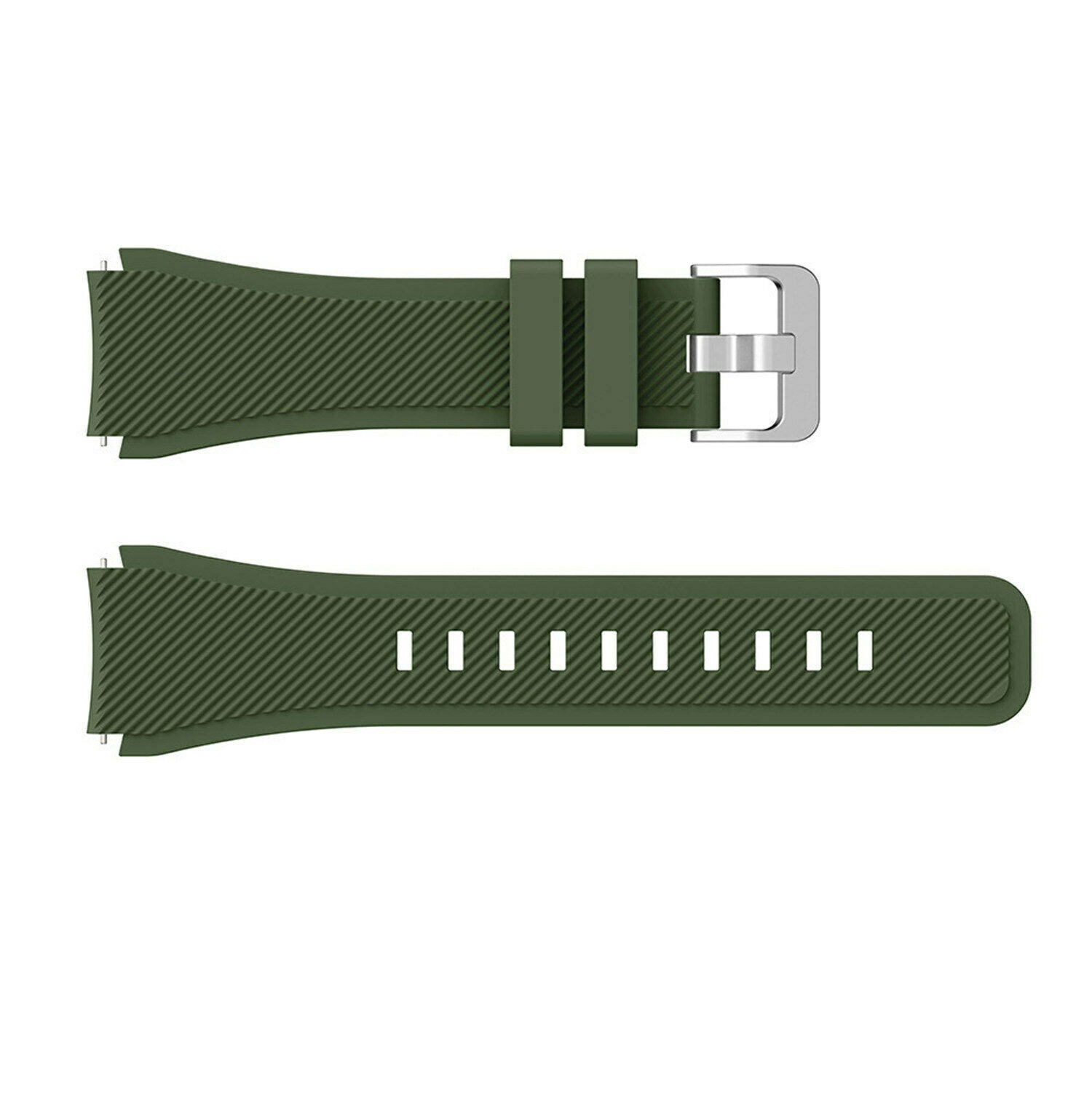 Zwei olivgrüne Uhrenarmbänder. Das obere Armband hat eine Schnalle. Beide Armbänder haben eine strukturierte Oberfläche mit Rippen und Löchern.