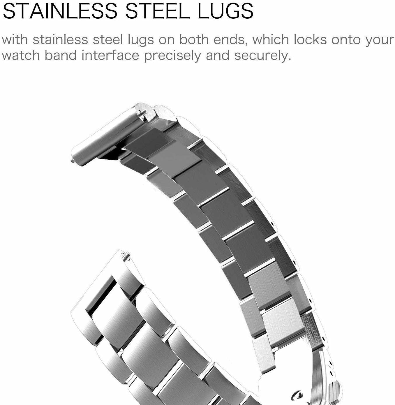 Ein Edelstahl-Armband wird vor weißem Hintergrund gezeigt. Das Band ist leicht gebogen. Der Text "STAINLESS STEEL LUGS" steht darüber.