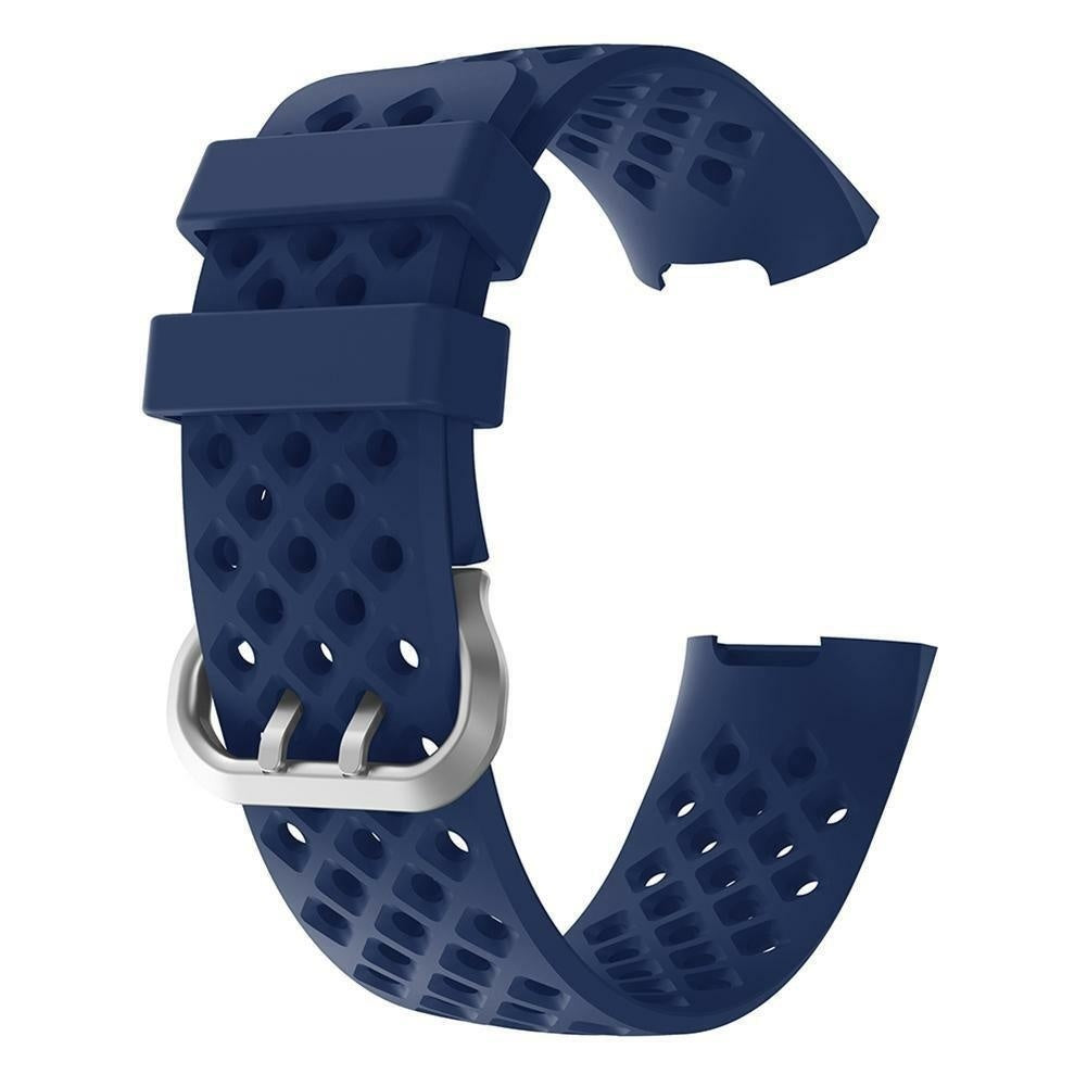 Dunkelblaues Uhrenarmband mit Löchern und einer silbernen Schnalle. Das Armband besteht aus zwei Teilen, die durch die Schnalle verbunden sind.