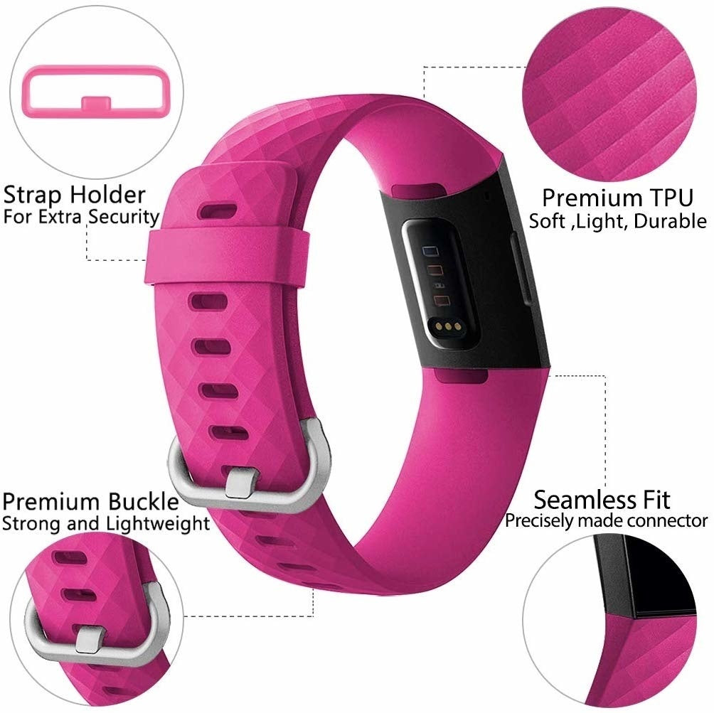 Eine pinke Smartwatch mit Armbandhalter, Schnalle und Verbinder. Zu den Merkmalen gehören Premium-TPU, eine nahtlose Passform und geringes Gewicht.