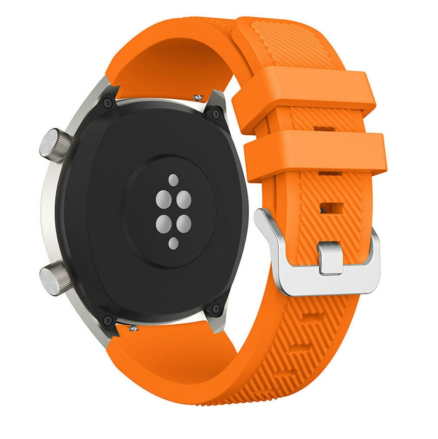 Rückansicht einer Smartwatch mit orangefarbenem Armband. Die Uhr hat eine schwarze Rückseite mit Sensoren und silberne Seitentasten.