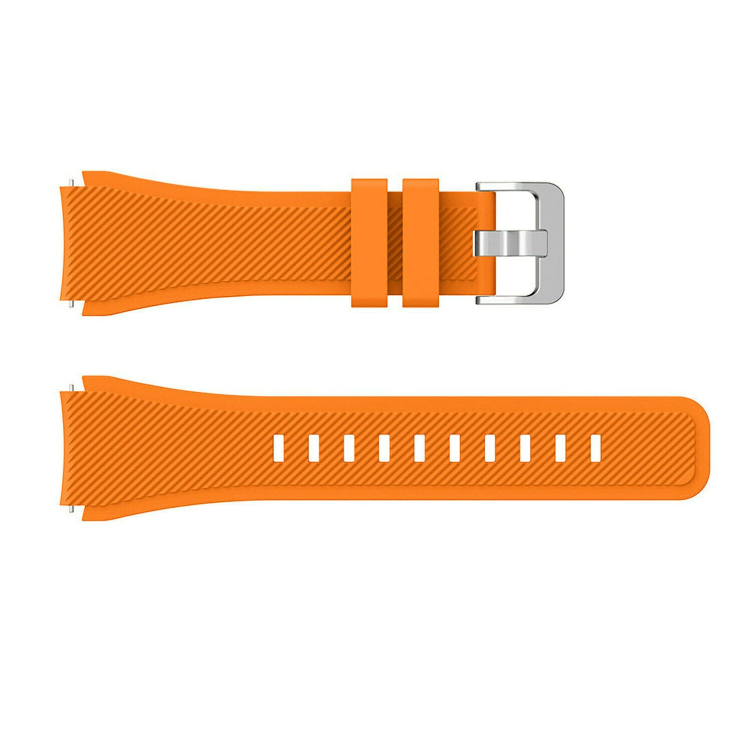 Ein orangefarbenes Uhrenarmband wird in zwei Teilen gezeigt. Der obere Teil hat eine Metallschnalle. Der untere Teil hat eine Reihe von Löchern.