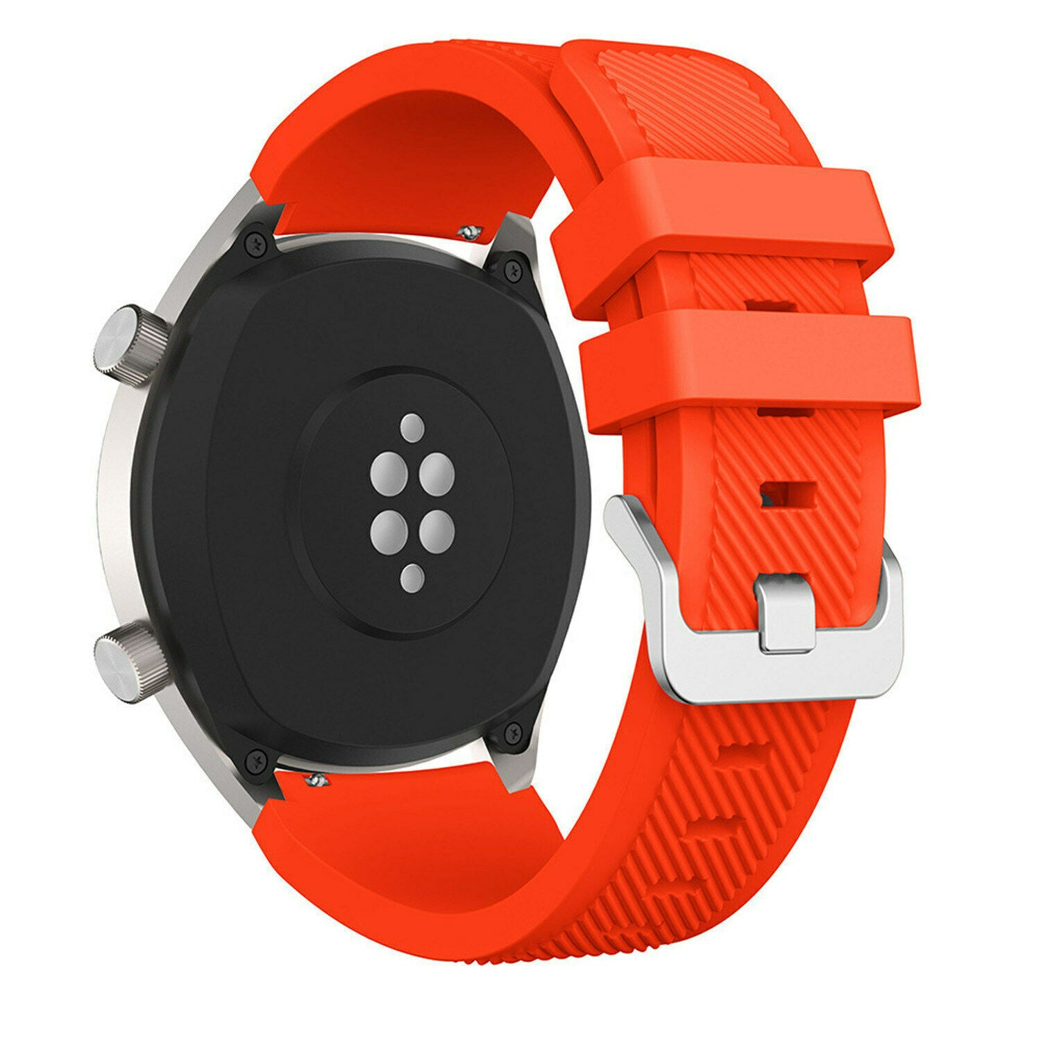 Eine Smartwatch mit schwarzer Rückseite, silberner Lünette und orangefarbenem Armband. Zeigt die Rückseite der Uhr mit Sensoren und einem hellorangen Band.