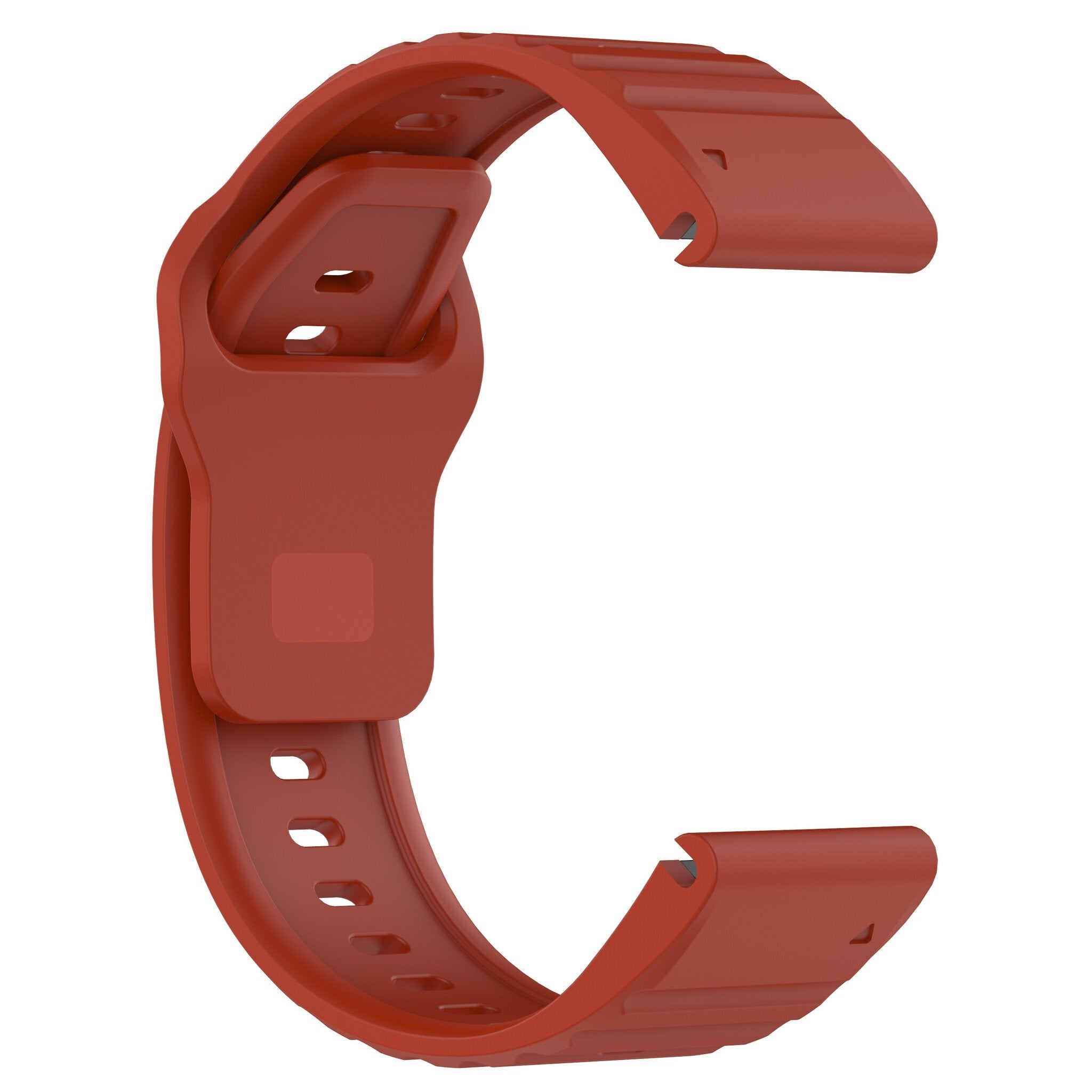 Ein gebogenes, rostfarbenes Uhrenarmband. Es hat eine C-Form mit einem rechteckigen Teil in der Mitte und Löchern.