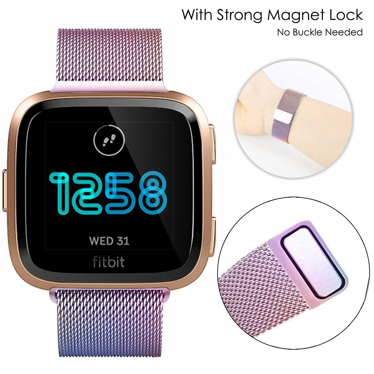 Fitbit-Smartwatch mit einem lila-blauen Mesh-Armband. Das Ziffernblatt zeigt die Uhrzeit 12:58 und das Datum Mittwoch, 31.