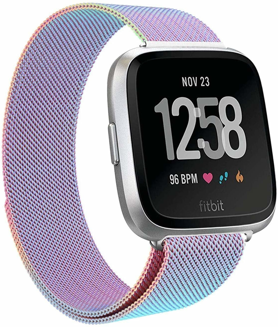 Fitbit-Uhr mit farbenfrohem Mesh-Armband. Das Zifferblatt zeigt Uhrzeit, Datum und Herzfrequenz. Das Armband hat Farbtöne von Rosa, Blau und Lila.