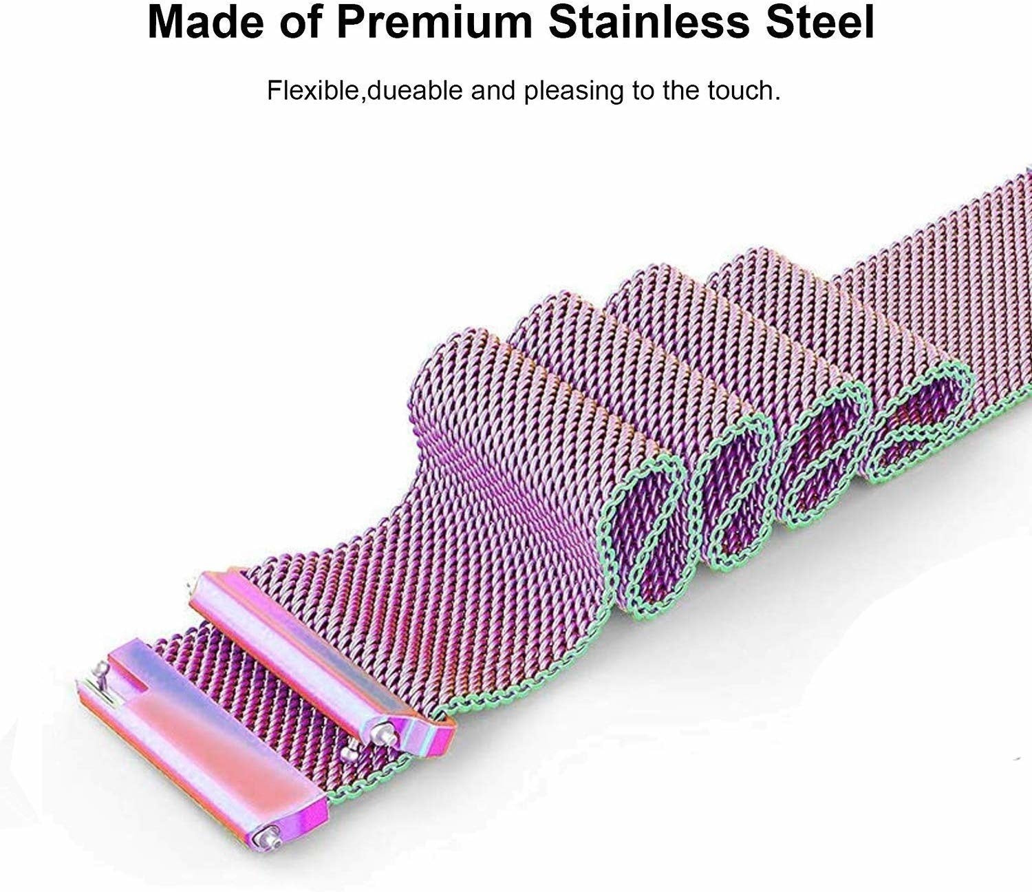 Nahaufnahme eines Uhrenarmbands aus verflochtenem rosa-violettem Metallgewebe. Das Band hat einen grünen Rand und Metallverschlüsse.
