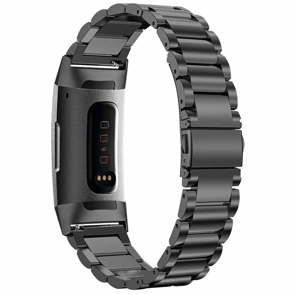 Eine schwarze Smartwatch mit Metallarmband. Das Zifferblatt zeigt mehrere kleine Rechtecke. Das Band besteht aus verbundenen Gliedern.