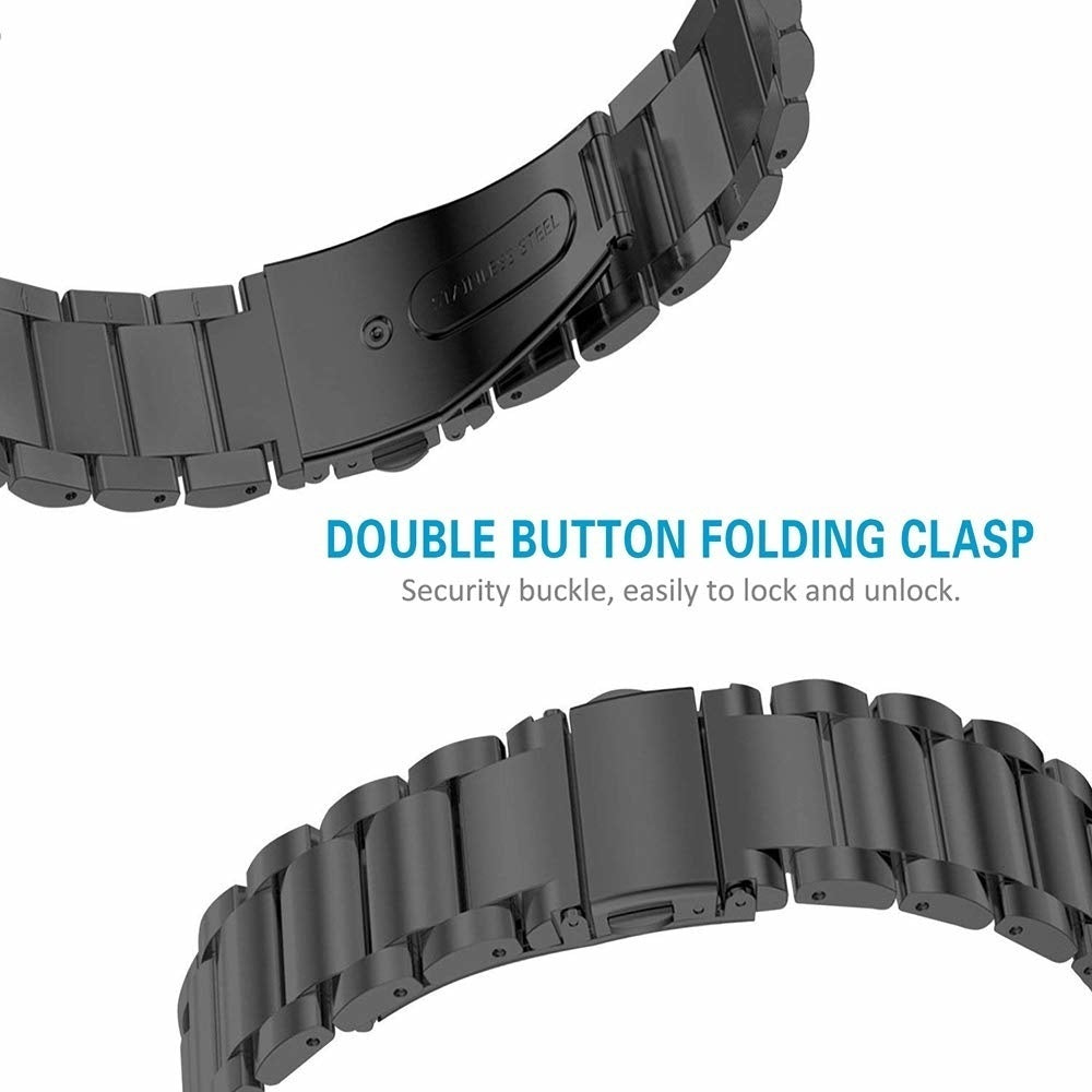 Schwarzes Edelstahl-Armband, Teile gezeigt. Text: Doppelknopf-Faltschließe. Sicherheitsverschluss, einfach zu ver- und entriegeln.