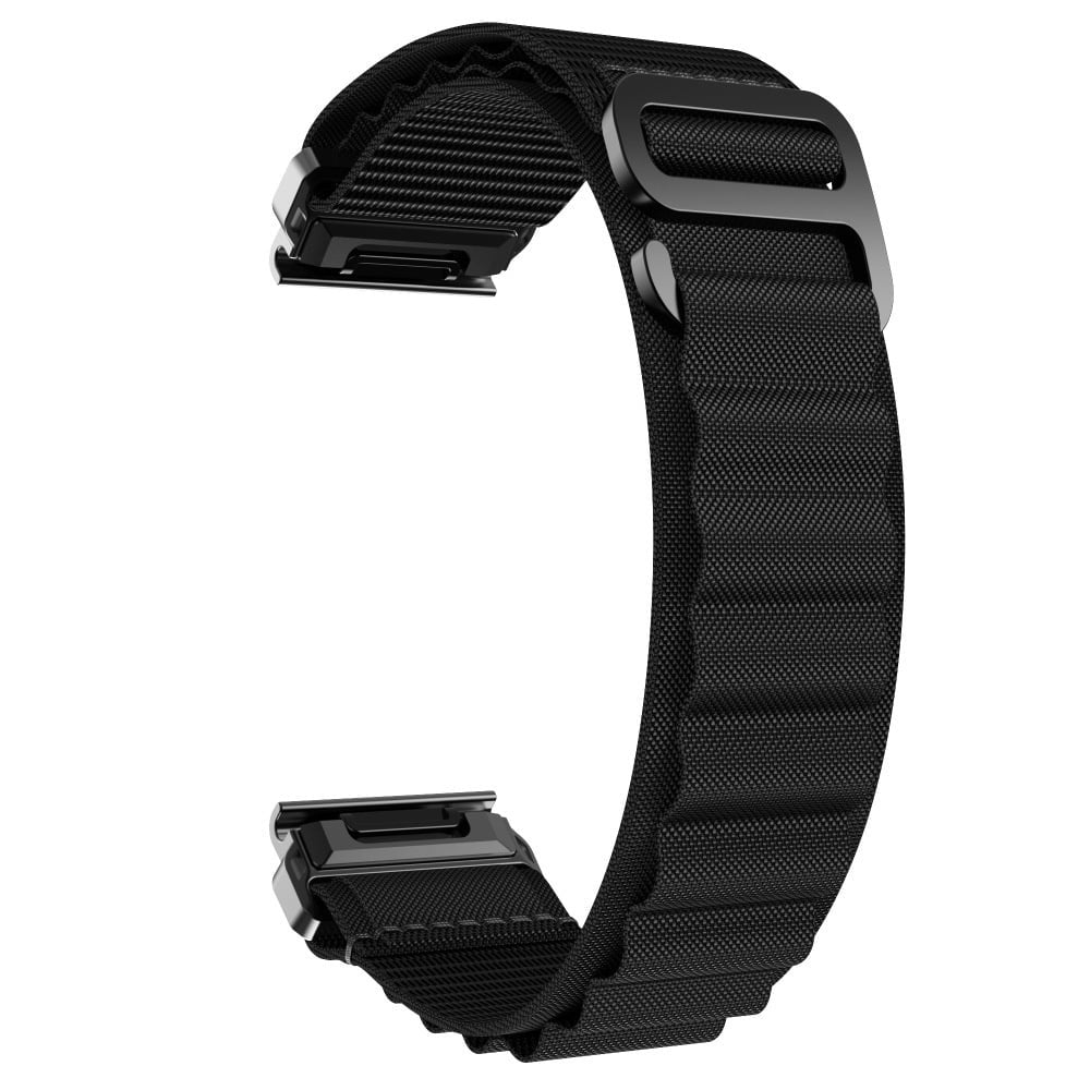 Ein schwarzes Uhrenarmband ist gebogen und zeigt eine strukturierte Oberfläche. Es hat an beiden Enden eine rechteckige Schnalle und eine Mittelschlaufe.