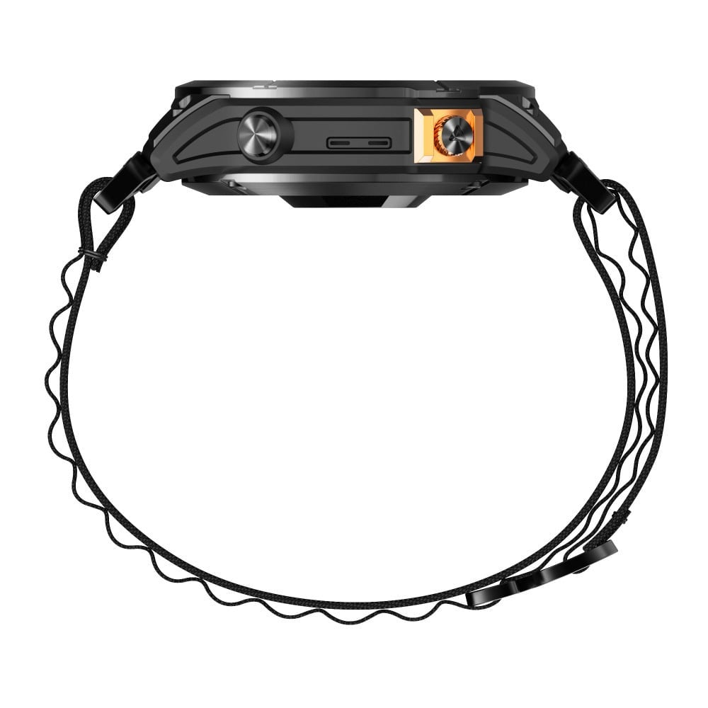 Eine schwarze Smartwatch mit rundem Zifferblatt und schwarzem Armband. Sie hat einen goldenen Akzent.