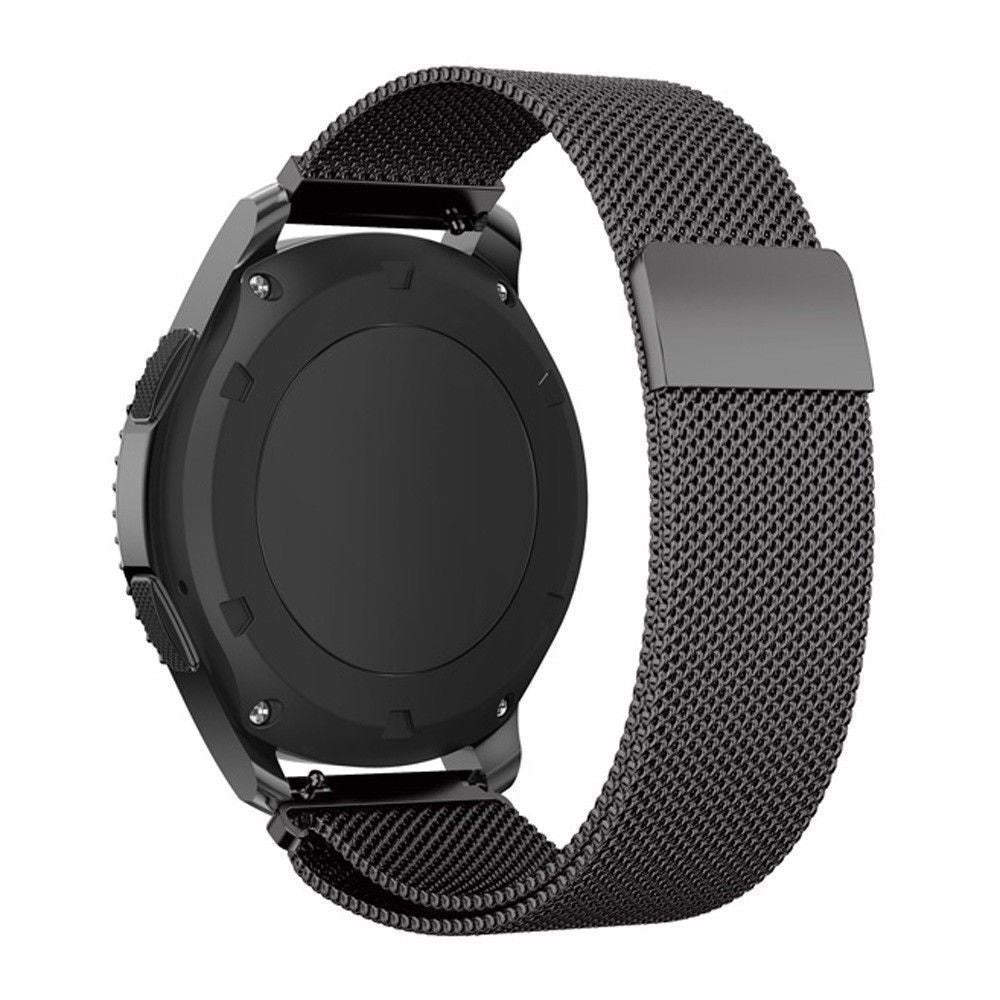 Eine schwarze Smartwatch mit einem Mesh-Armband. Die Uhr ist rund mit schwarzem Bildschirm und Metallband.