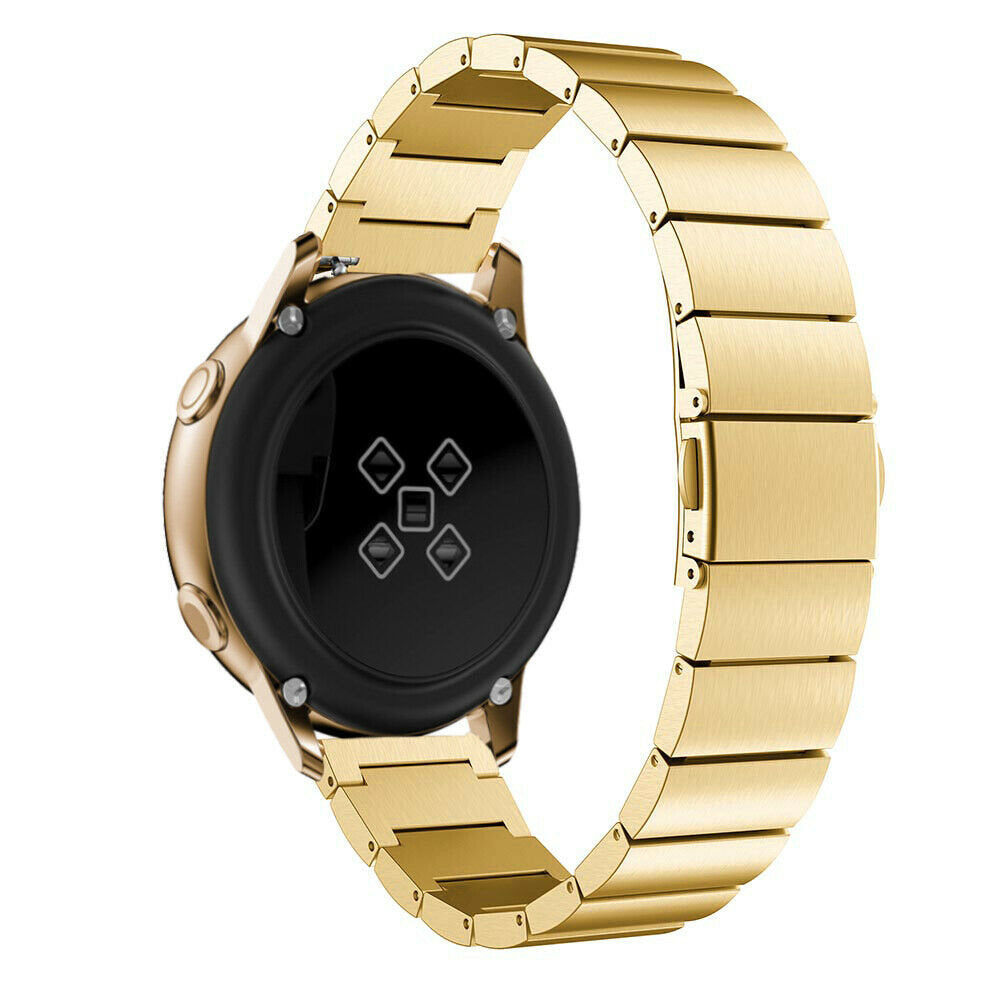 Gezeigt wird eine goldene Smartwatch mit Metallarmband. Das Zifferblatt ist schwarz mit Sensoren. Das Armband krümmt sich vor weißem Hintergrund.