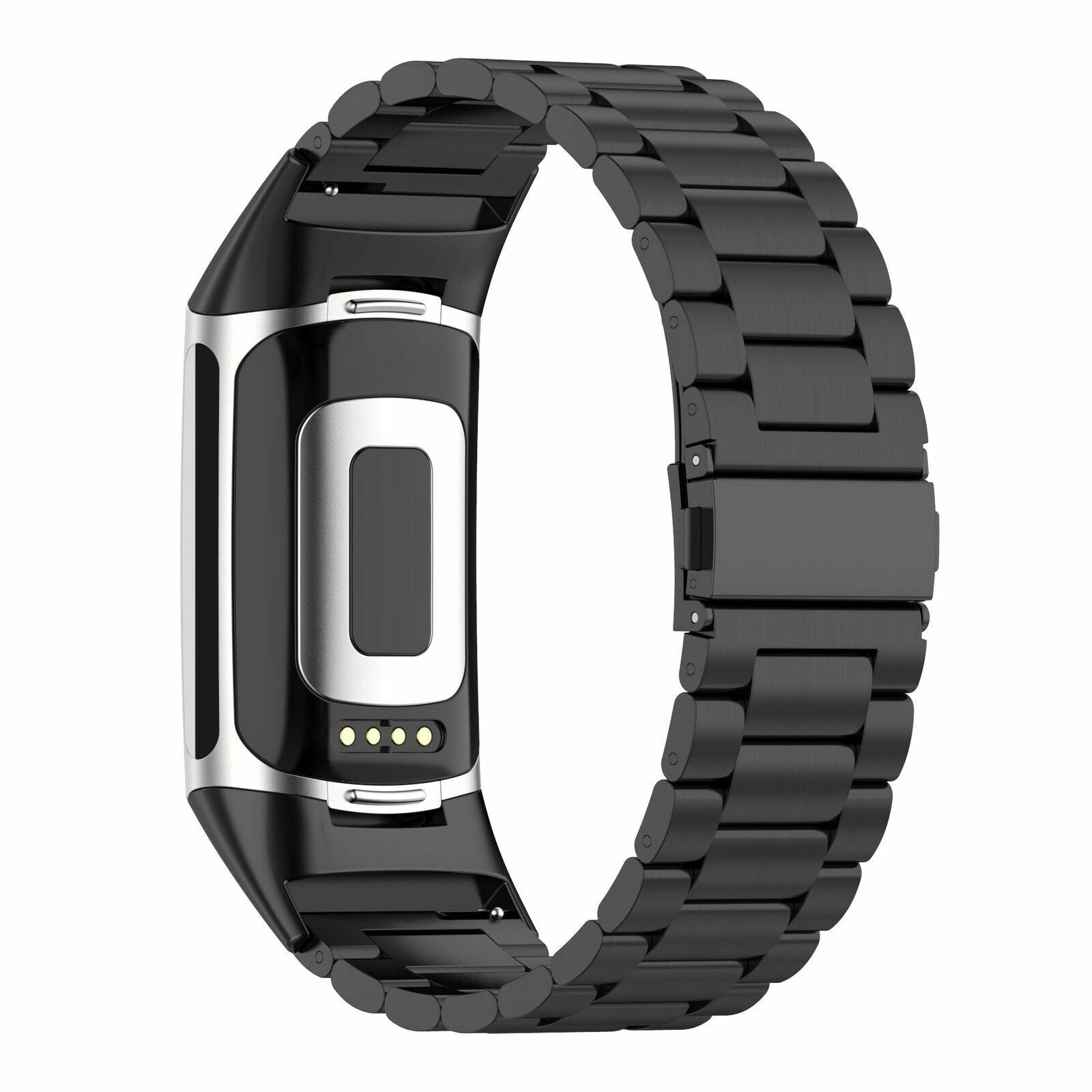 Schwarzes Metall-Uhrenarmband mit schwarzem und silbernem Zifferblatt. Das Armband ist verbunden, das Zifferblatt hat ein Display.