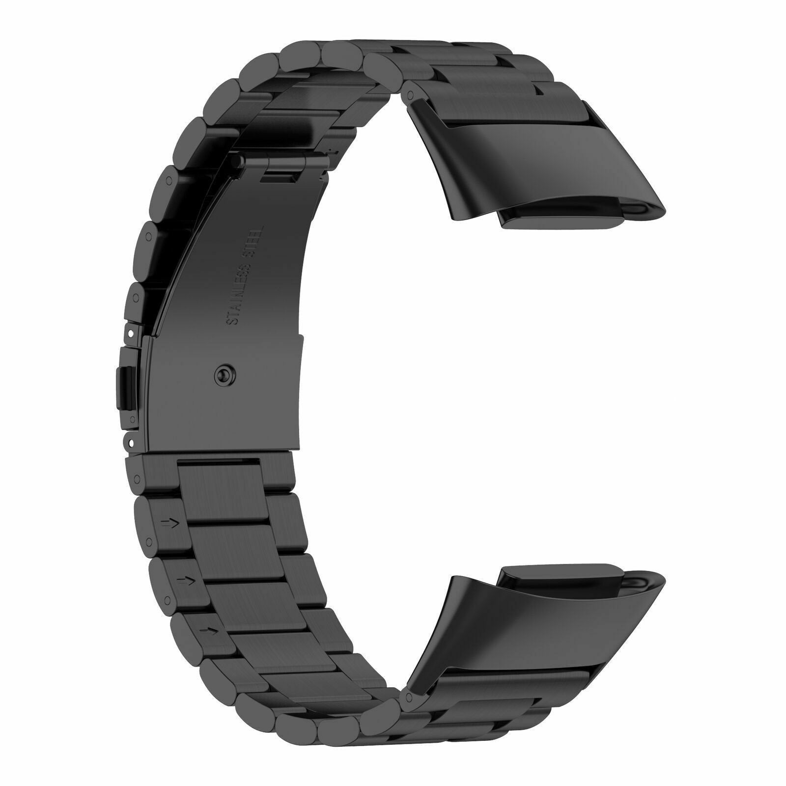 Ein schwarzes Edelstahl-Uhrenarmband in C-Form vor weißem Hintergrund. Es trägt die Aufschrift 'STAINLESS STEEL'.