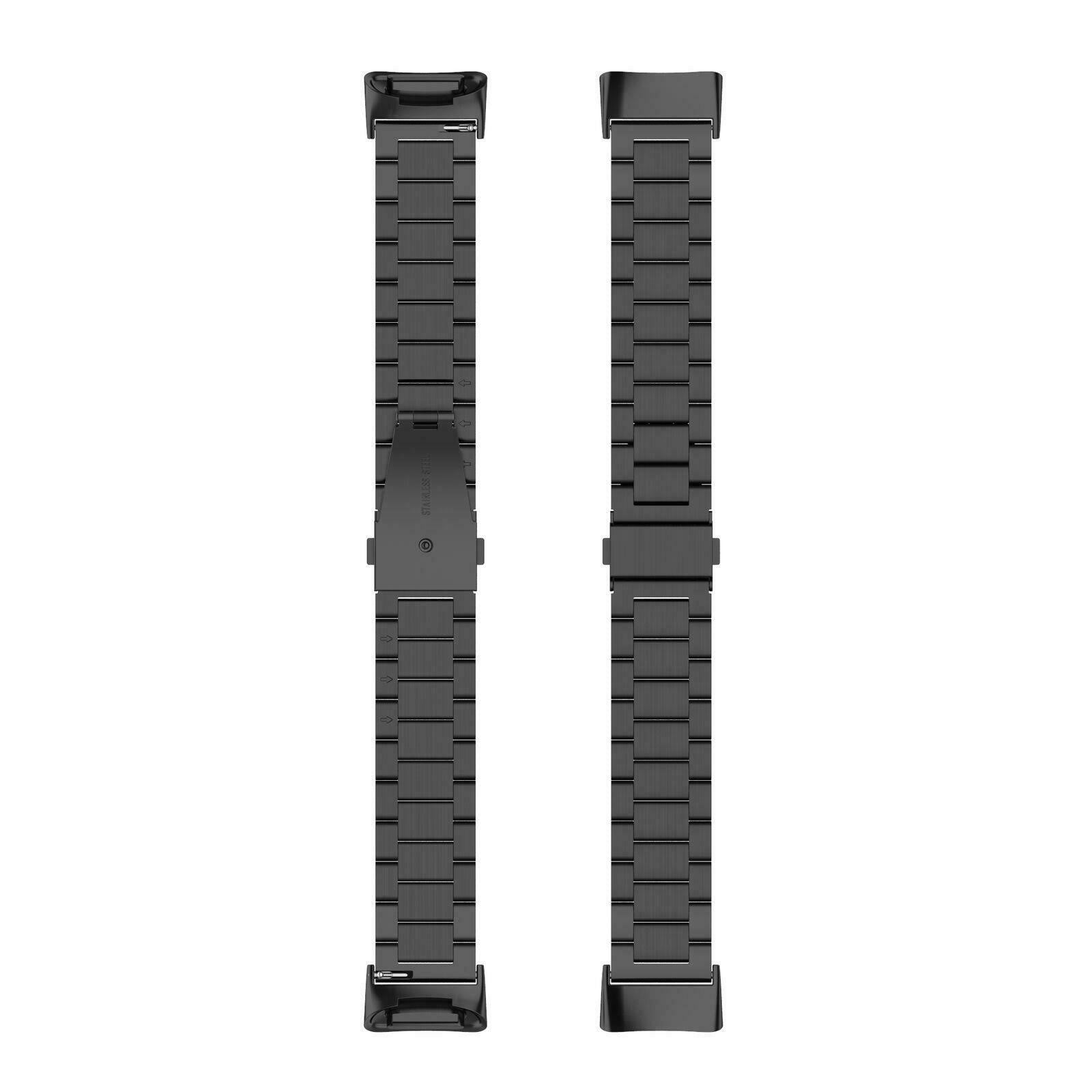 Zwei schwarze Uhrenarmbänder. Jedes ist rechteckig mit miteinander verbundenen Gliedern. Das Material scheint Edelstahl zu sein.