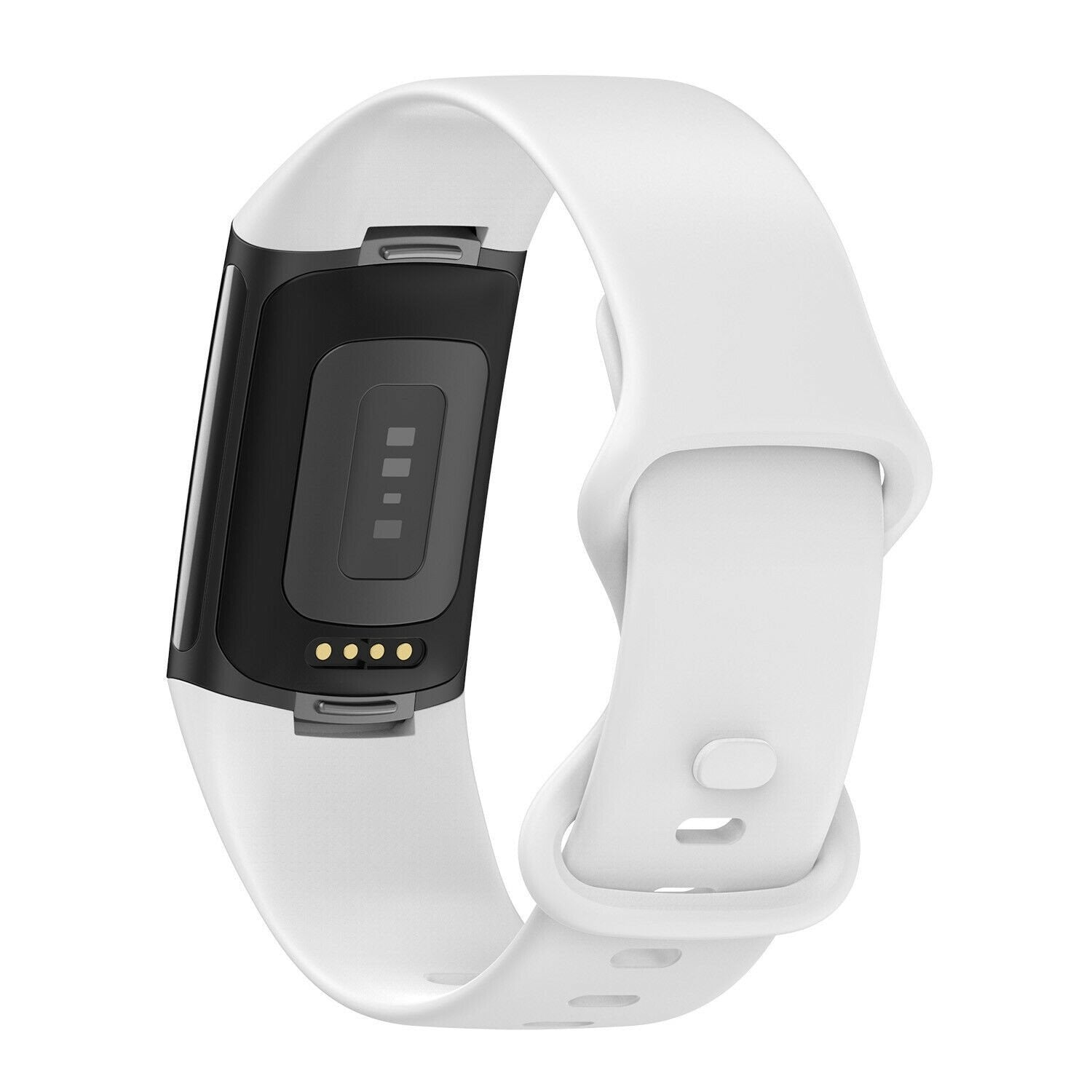 Weiße Fitnessuhr mit schwarzem Displaybereich. Die Uhr hat ein weißes Armband und ist auf weißem Hintergrund isoliert.