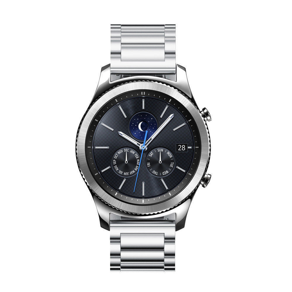 Eine silberne Smartwatch mit schwarzem Zifferblatt. Die Uhr zeigt Datum und Mondphase an. Das Armband ist ebenfalls silber.