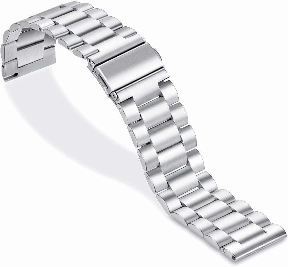 Ein silbernes Metall-Uhrenarmband ist auf weißem Hintergrund gebogen. Das Band besteht aus ineinandergreifenden rechteckigen Gliedern.