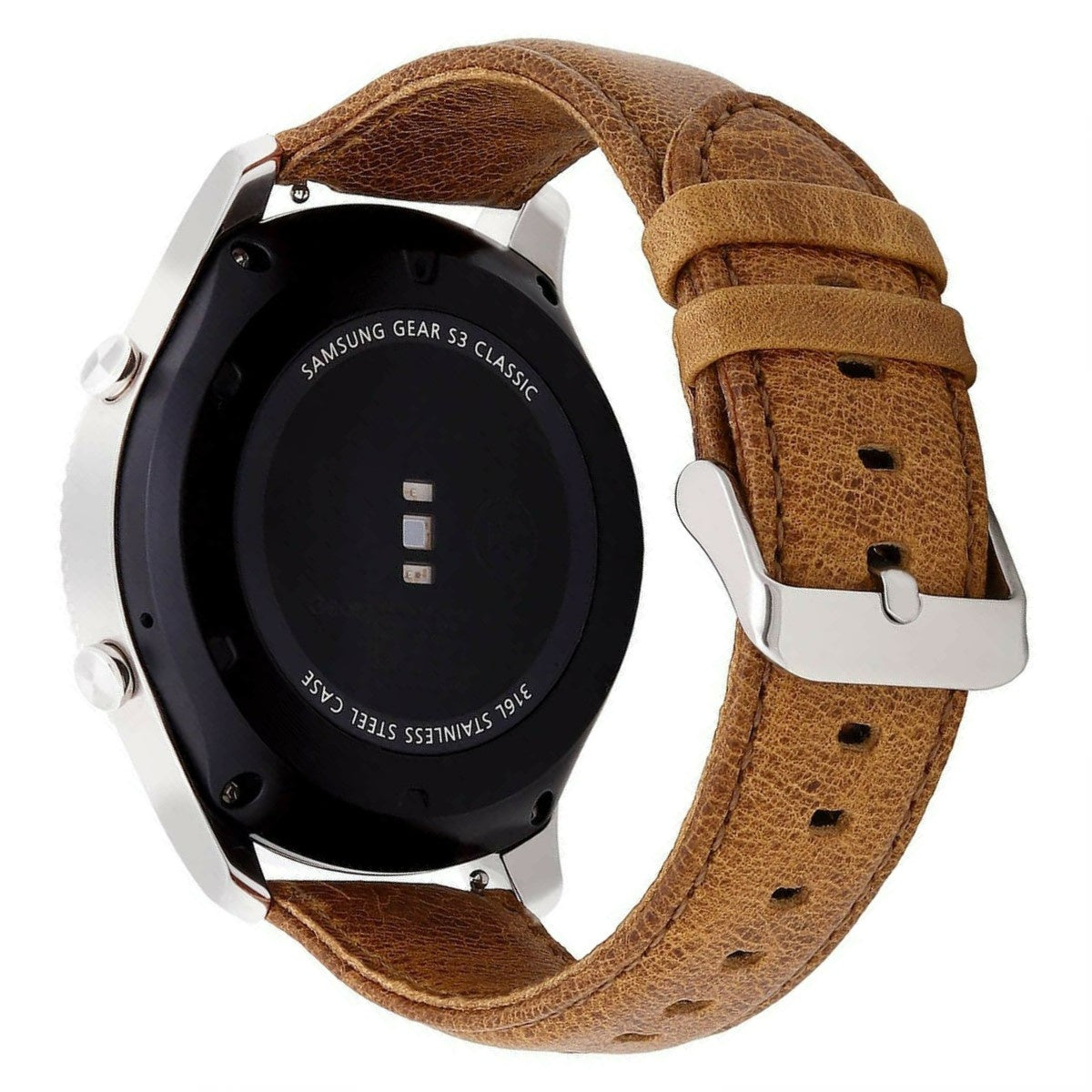 Samsung Gear S3 Classic Uhr mit braunem Lederarmband. Silbernes Gehäuse und Schnalle. Schwarzes Zifferblatt mit Text.