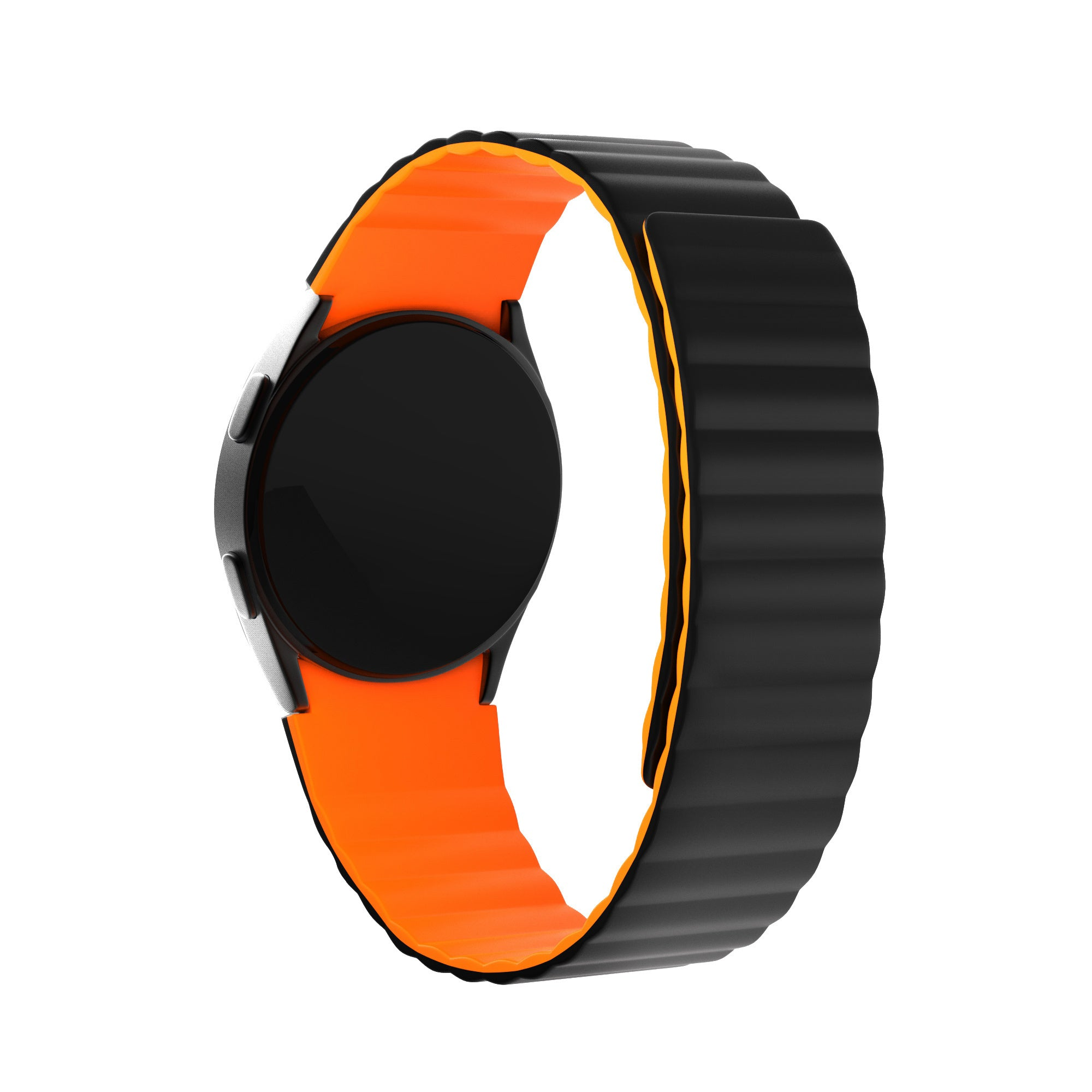 Eine Smartwatch mit schwarzem Zifferblatt und einem schwarz-orangenen Armband. Das Armband ist gerippt.