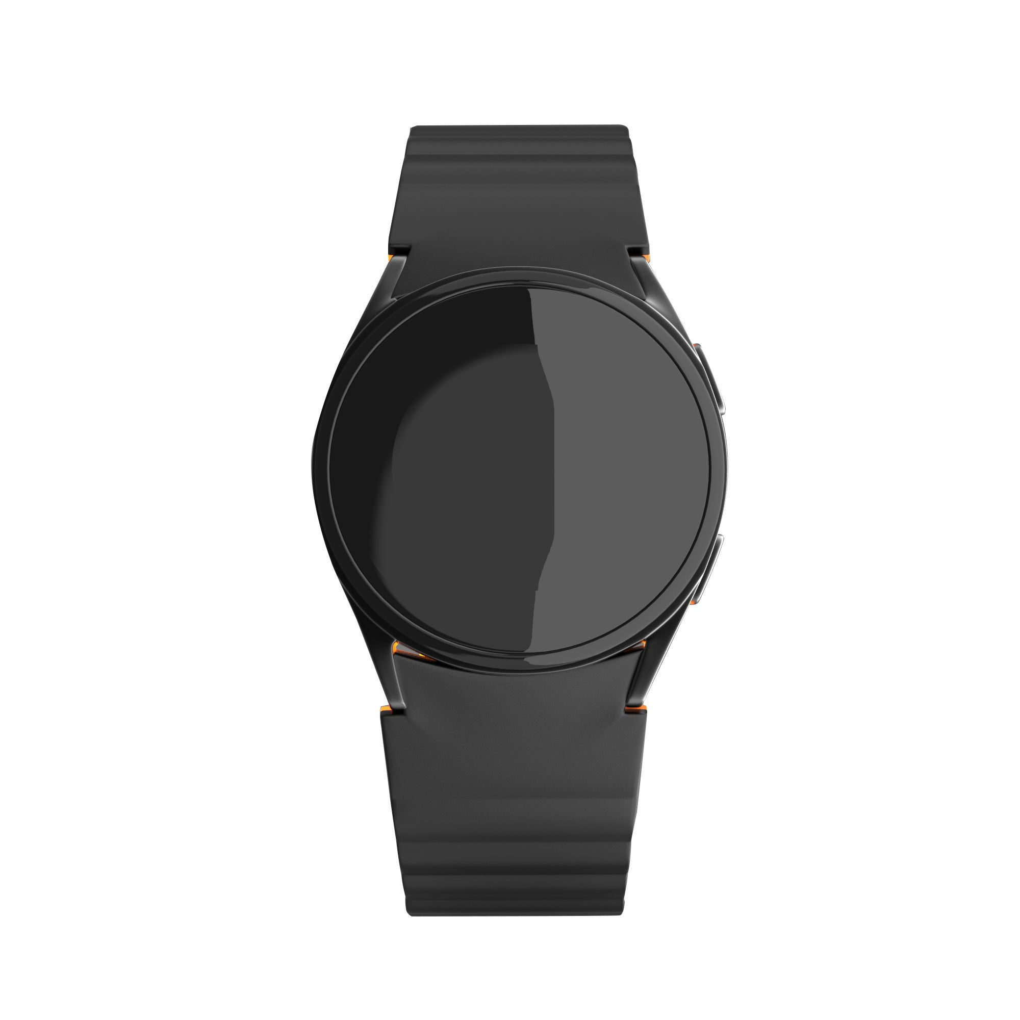 Eine schwarze Smartwatch mit rundem Zifferblatt und Armband, zentriert auf weißem Hintergrund. Die Uhr ist glänzend.