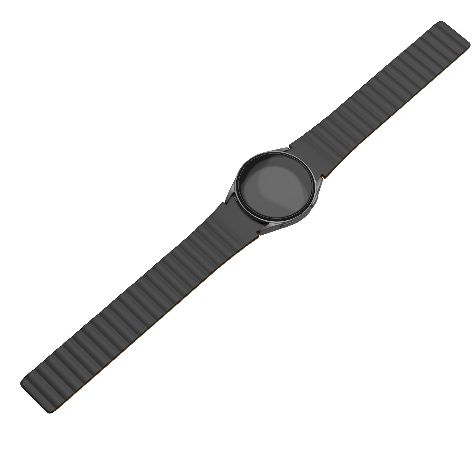 Eine schwarze Smartwatch mit rundem Zifferblatt und schwarzem Armband liegt auf weißem Hintergrund.