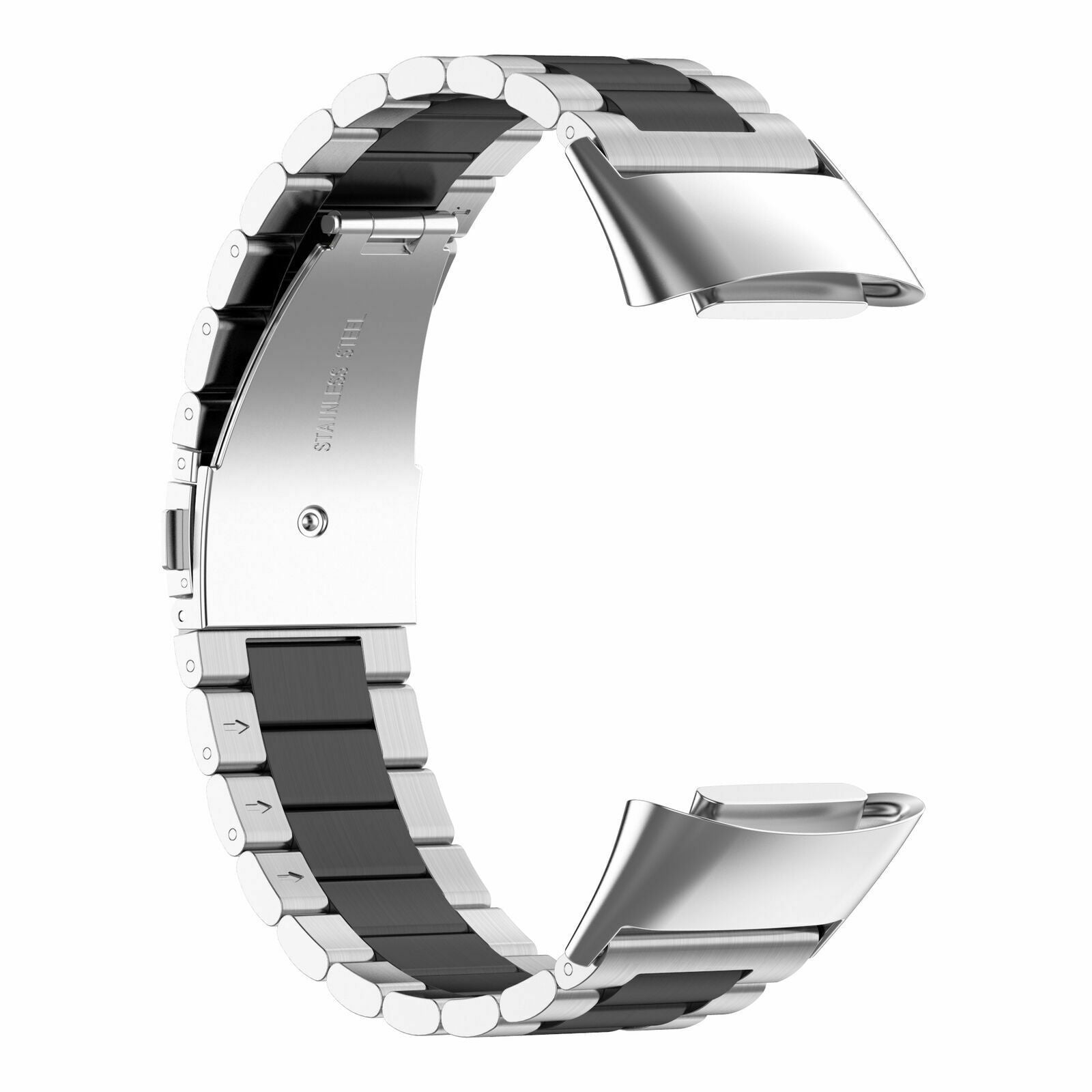 Ein Edelstahl-Uhrenarmband mit schwarzen Gliedern und silbernen Akzenten. 'Edelstahl' ist auf dem Verschluss eingraviert.