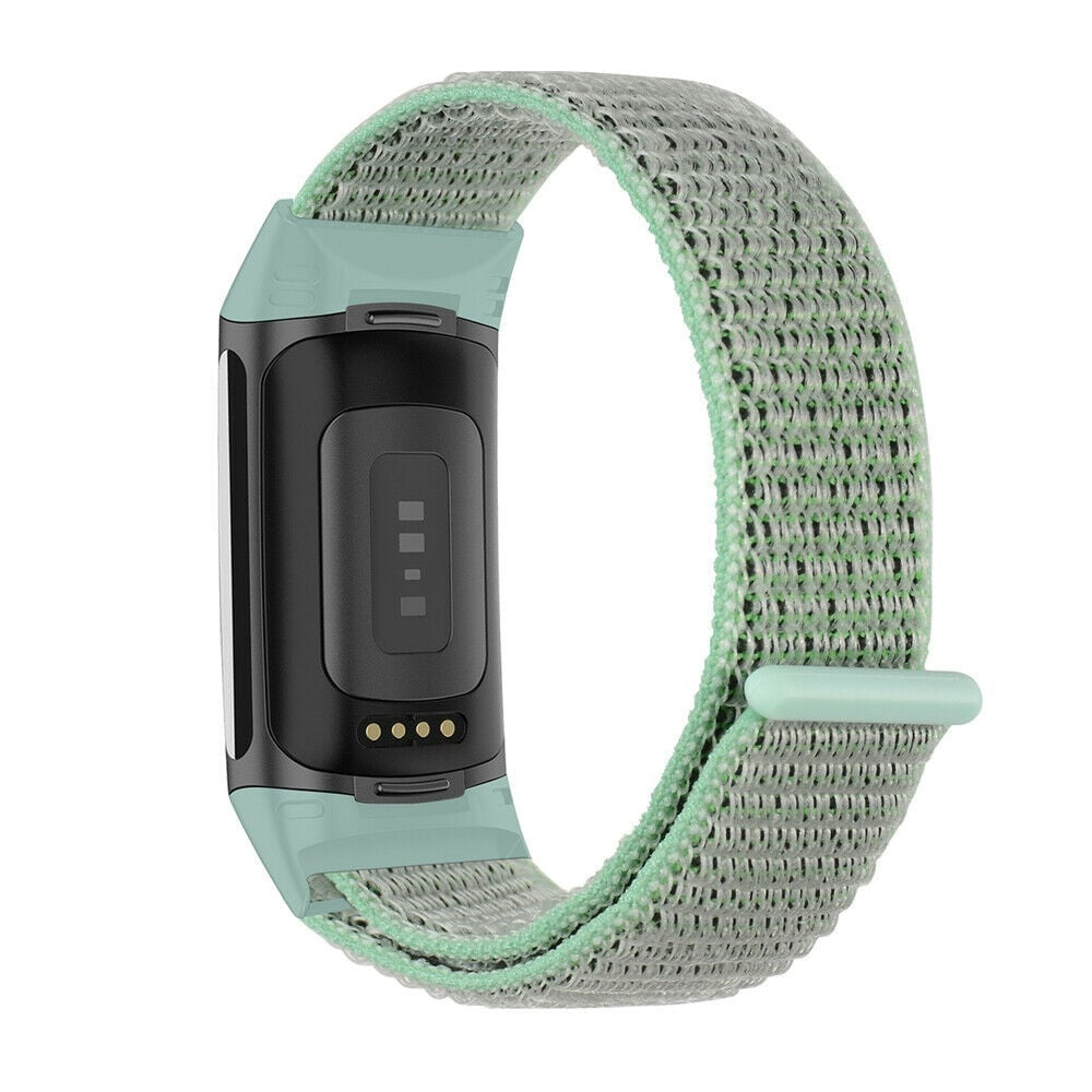 Ein Smartwatch-Armband mit schwarzem Zifferblatt und einem hellgrünen gewebten Armband. Das Armband hat einen hellgrünen Verschluss.